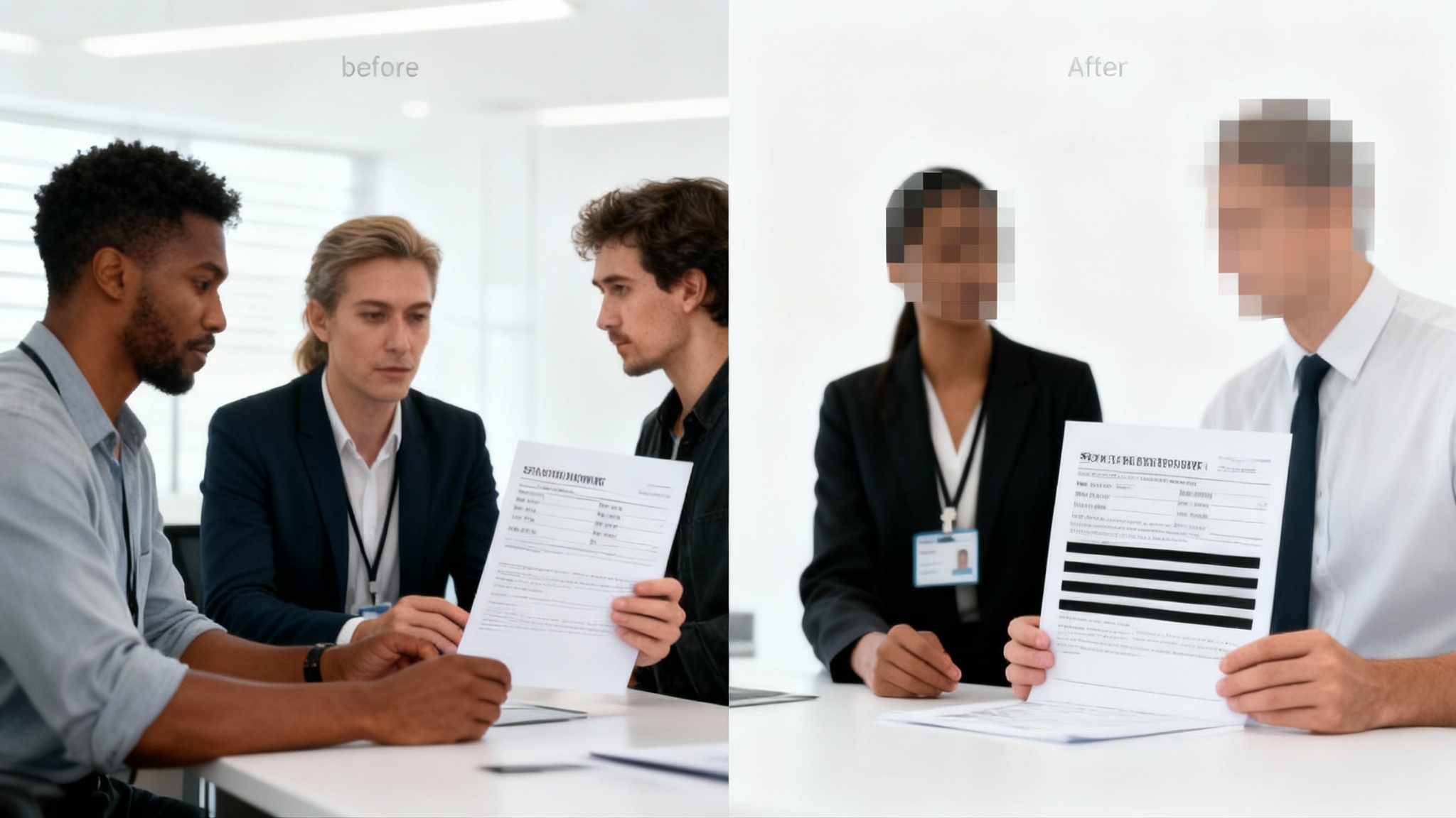 A side-by-side comparison showing an image censorship tool. The left shows a photo of three people in an office. The right shows the same photo, but one person's face is pixelated, a badge is blurred, and text on a document is covered by black bars.