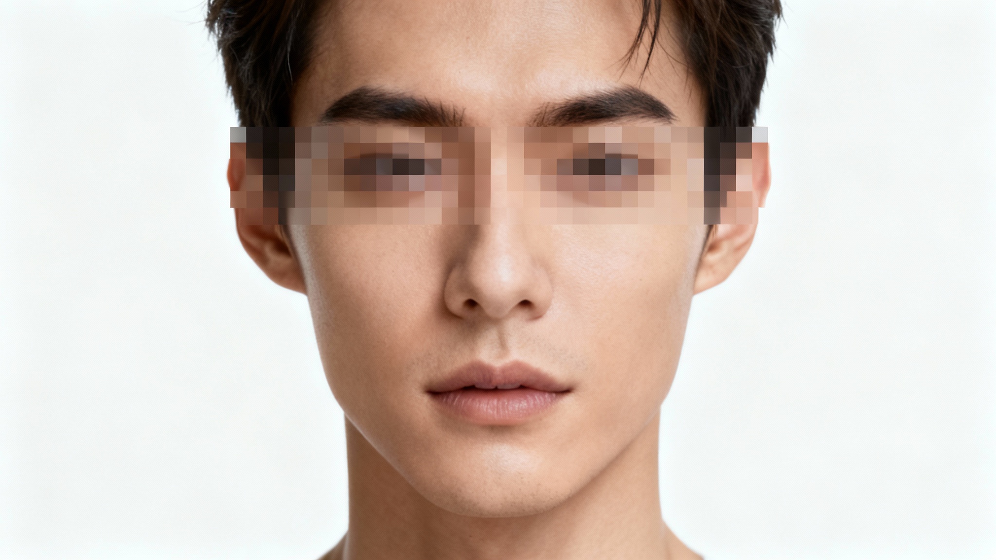 A photorealistic close-up of a person's face against a white background, with their eyes heavily pixelated to represent image censorship.