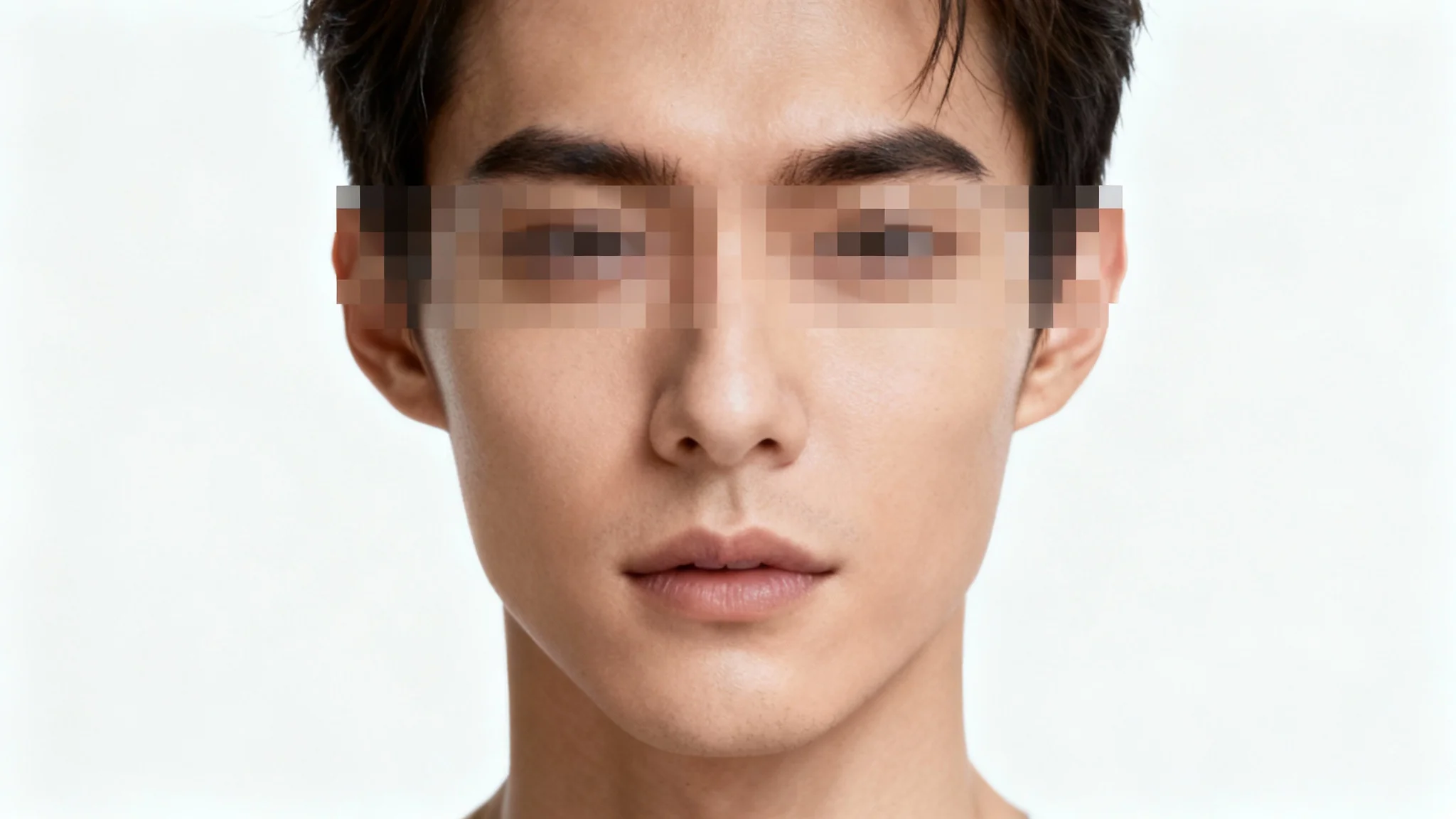 A photorealistic close-up of a person's face against a white background, with their eyes heavily pixelated to represent image censorship.