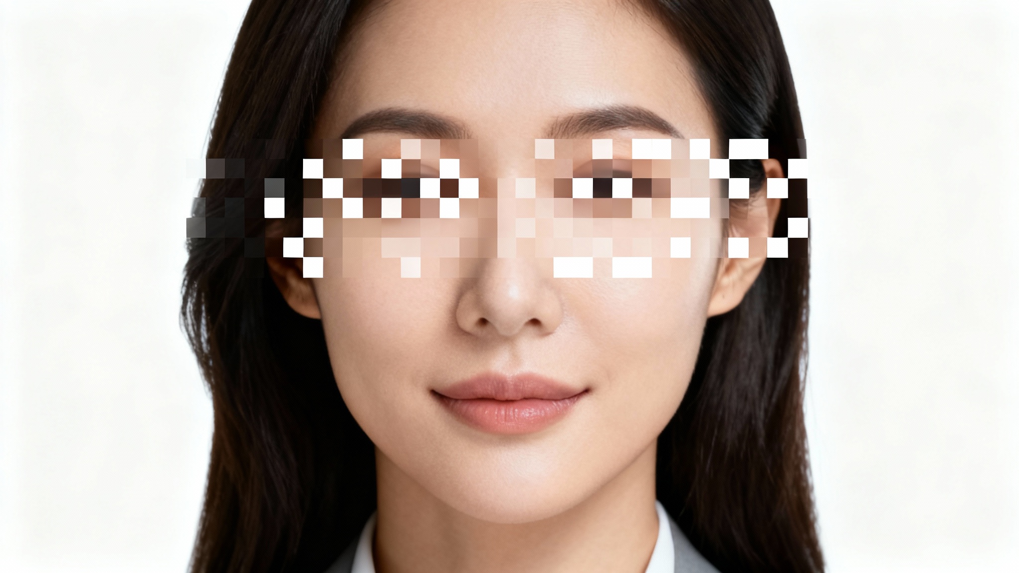 A close-up portrait of a woman whose eyes have been pixelated out to demonstrate image censorship.