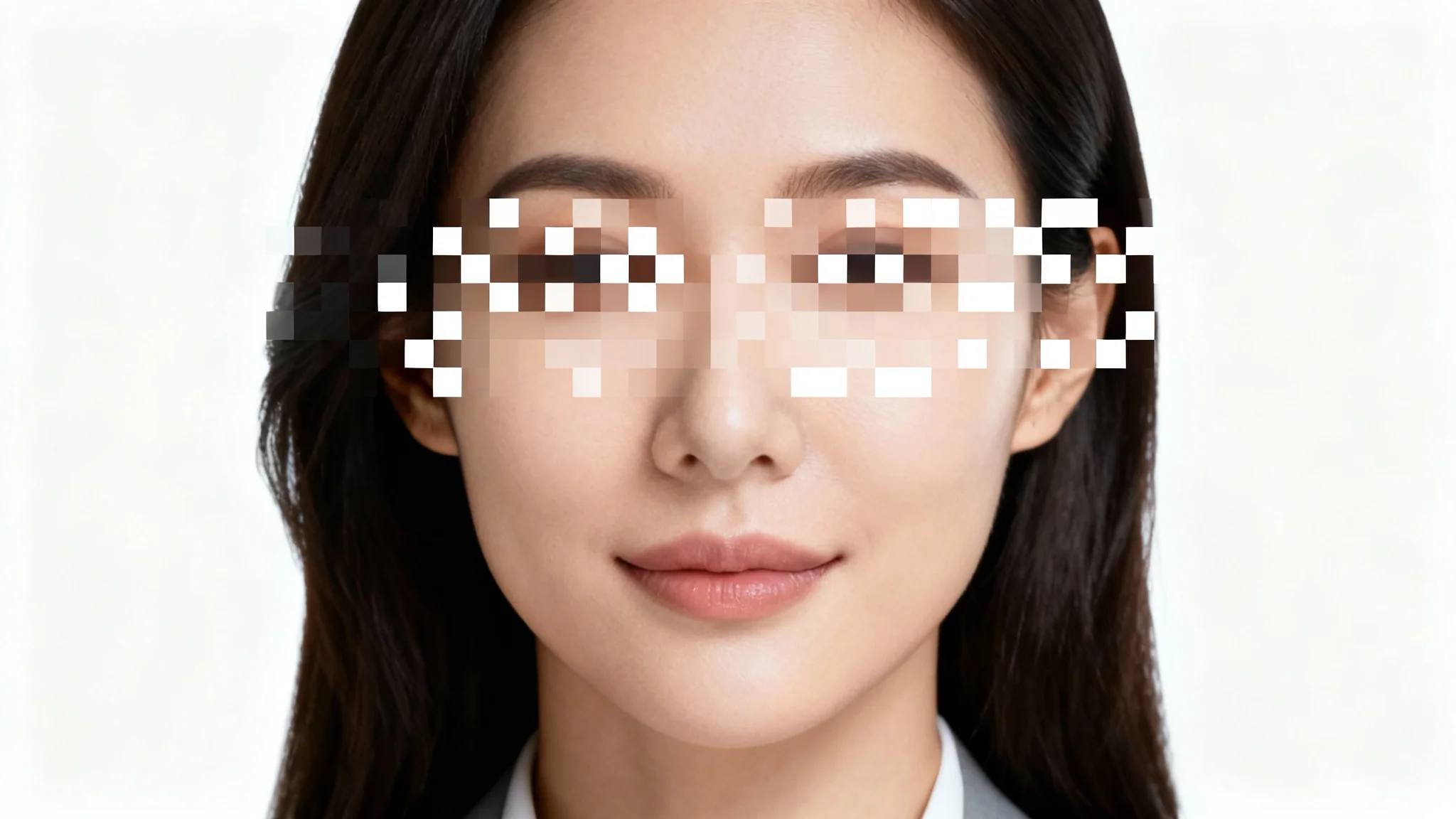 A close-up portrait of a woman whose eyes have been pixelated out to demonstrate image censorship.