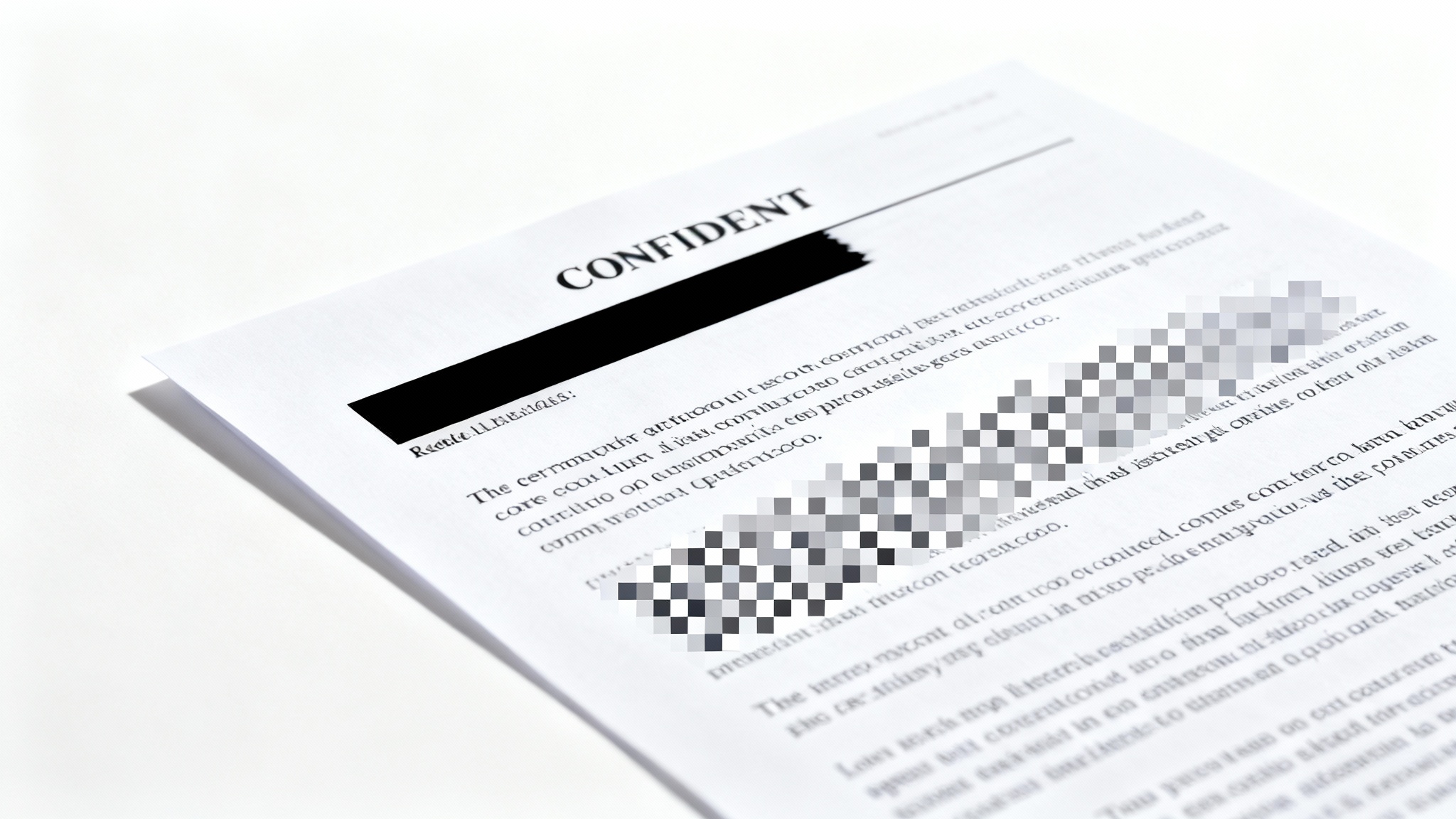 A realistic image of a confidential document with parts of its text censored using a black bar and pixelation, shown against a clean white background.