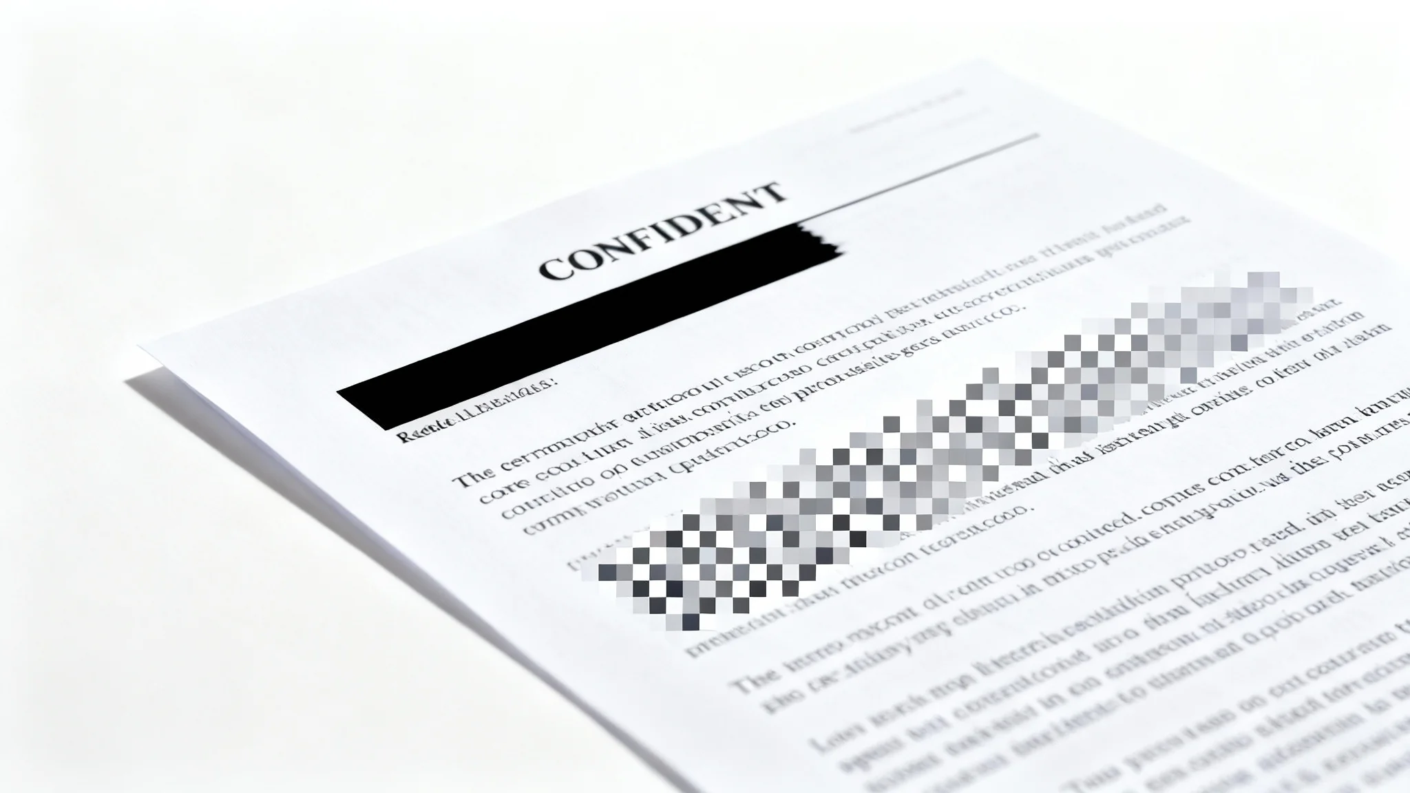 A realistic image of a confidential document with parts of its text censored using a black bar and pixelation, shown against a clean white background.