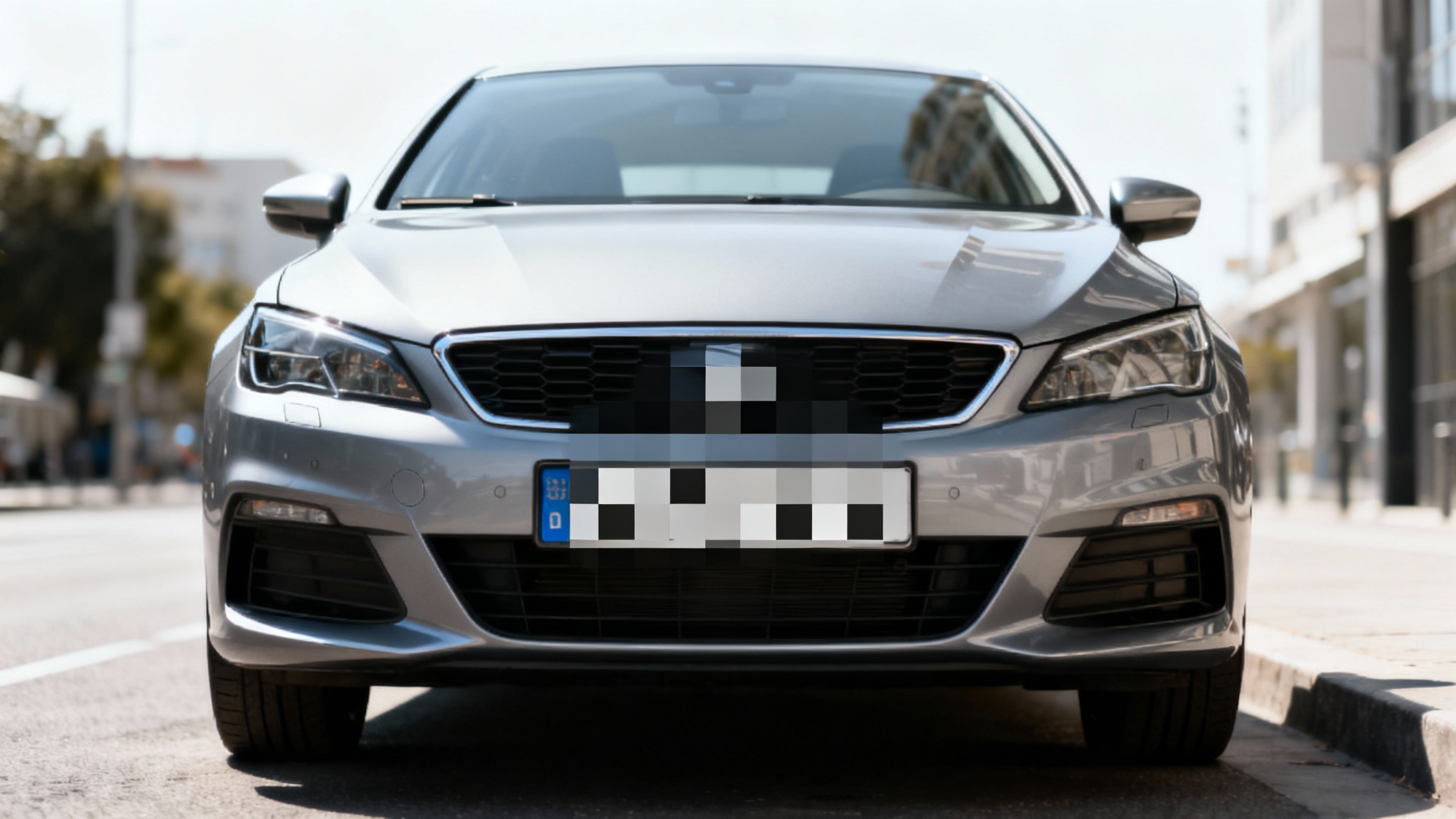 A photorealistic image of a car on a city street, demonstrating a censorship feature where the license plate is heavily pixelated and unreadable, while the rest of the car remains in sharp focus.