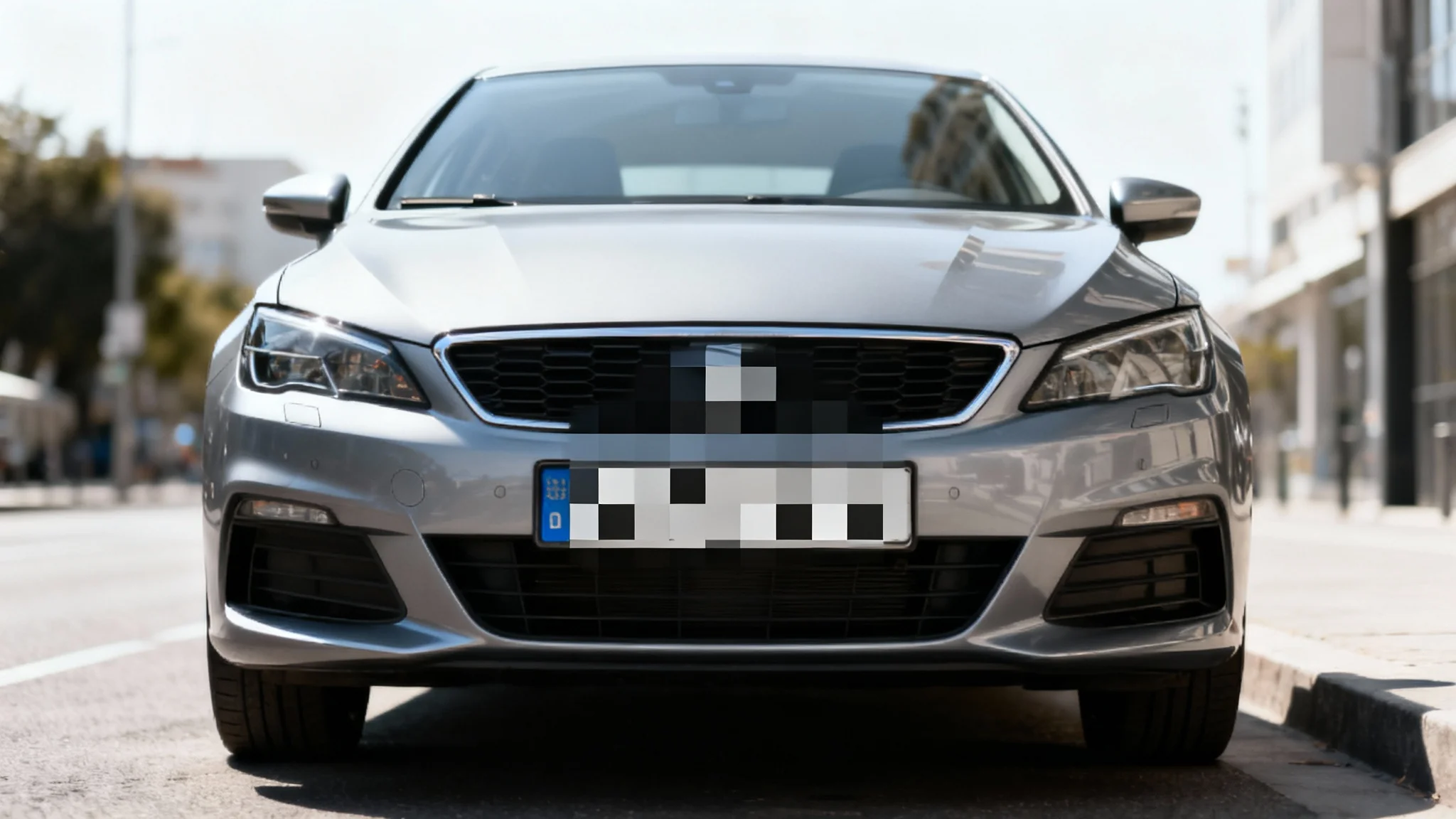 A photorealistic image of a car on a city street, demonstrating a censorship feature where the license plate is heavily pixelated and unreadable, while the rest of the car remains in sharp focus.