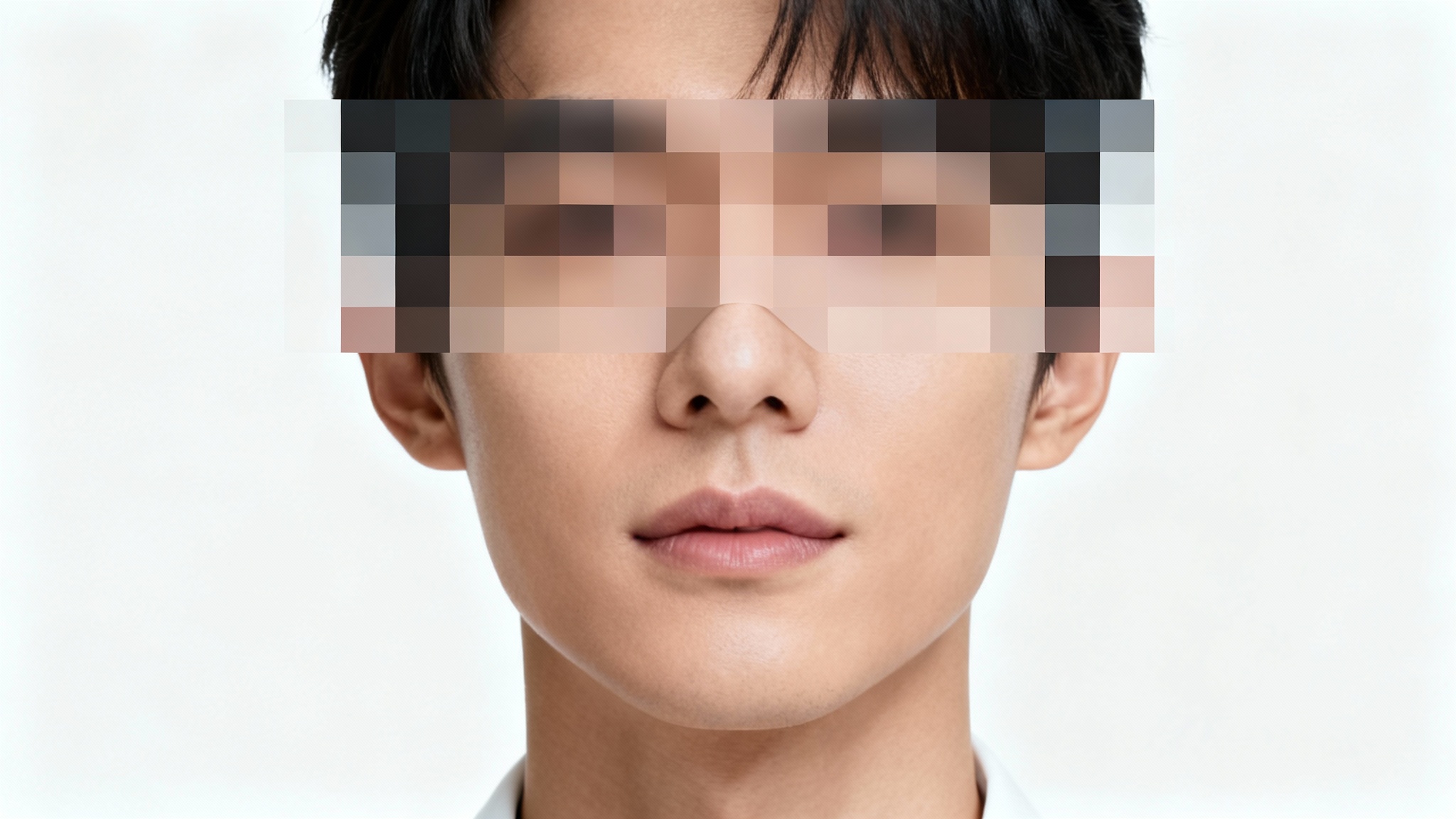 A professional headshot of a person whose eyes and nose are censored with a large pixelated block, demonstrating the image censor feature.