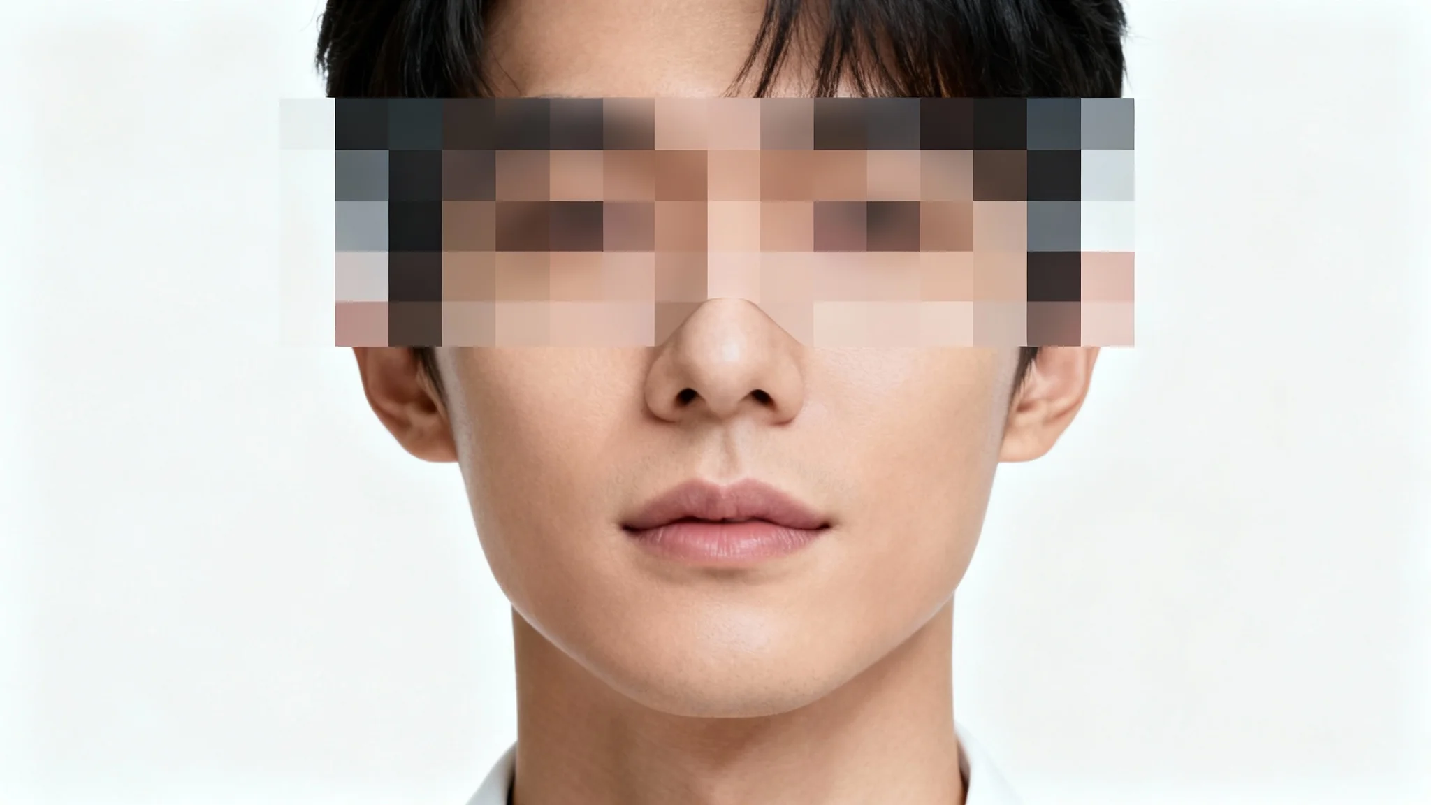 A professional headshot of a person whose eyes and nose are censored with a large pixelated block, demonstrating the image censor feature.