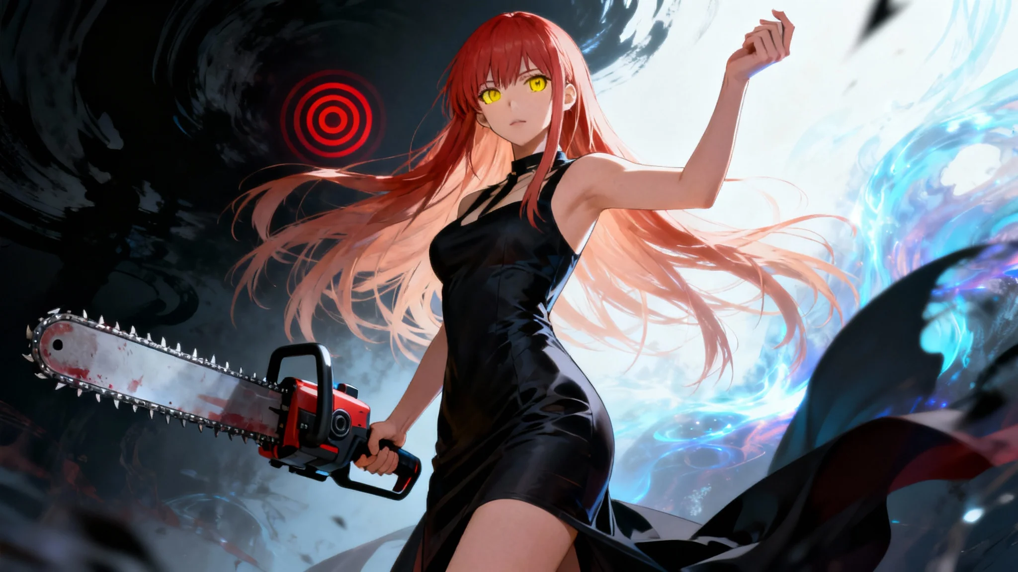 A stunning AI-generated artwork of Makima from Chainsaw Man, depicted in a sleek black dress with flowing red hair. She holds a chainsaw and strikes a commanding pose against a surreal, high-contrast background, her intense gaze fixed on the viewer.