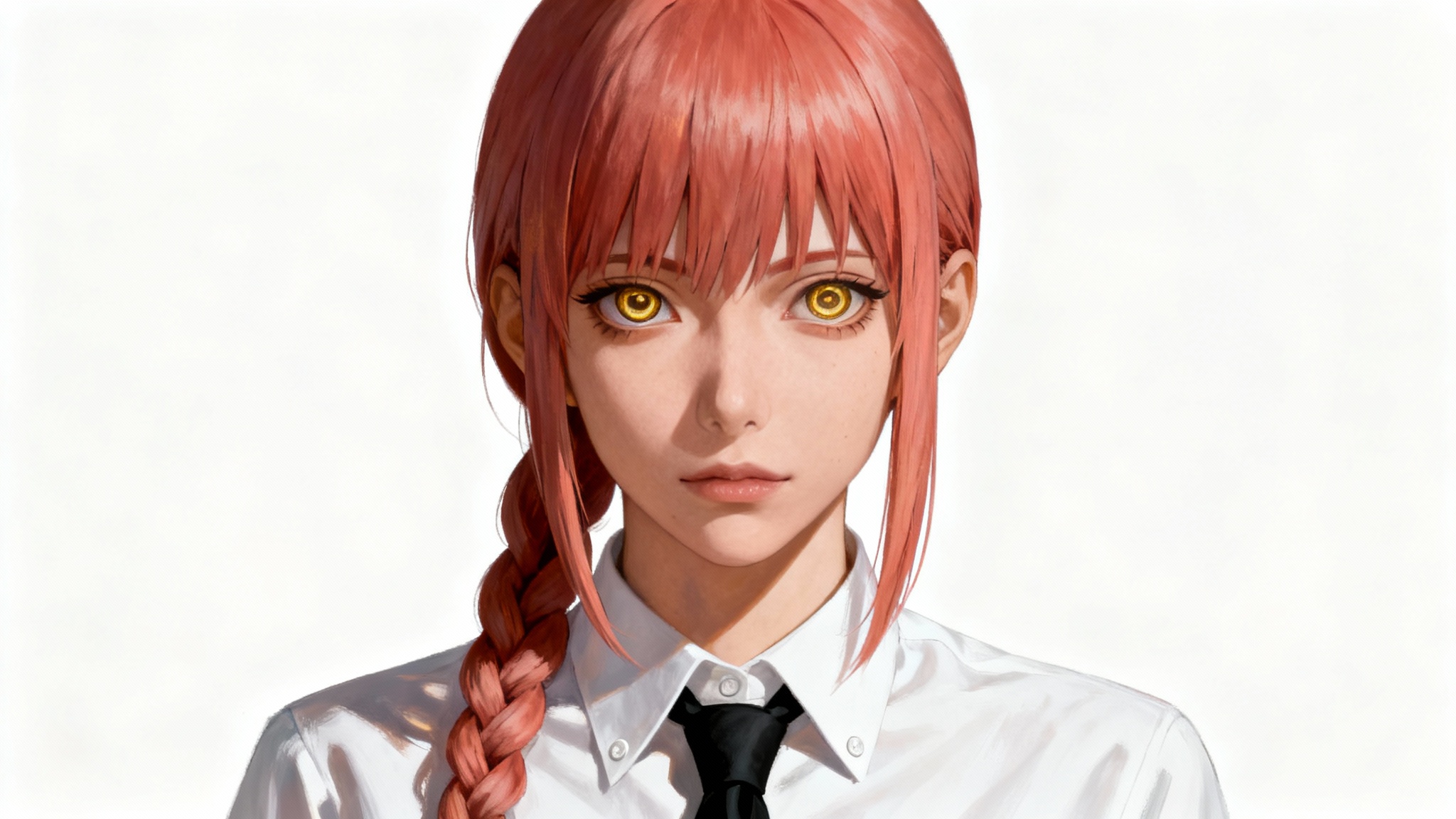 A hyper-realistic AI-generated portrait of the character Makima from Chainsaw Man, showing her from the chest up against a stark white background. Her focus is on her unique golden ringed eyes and calm expression.