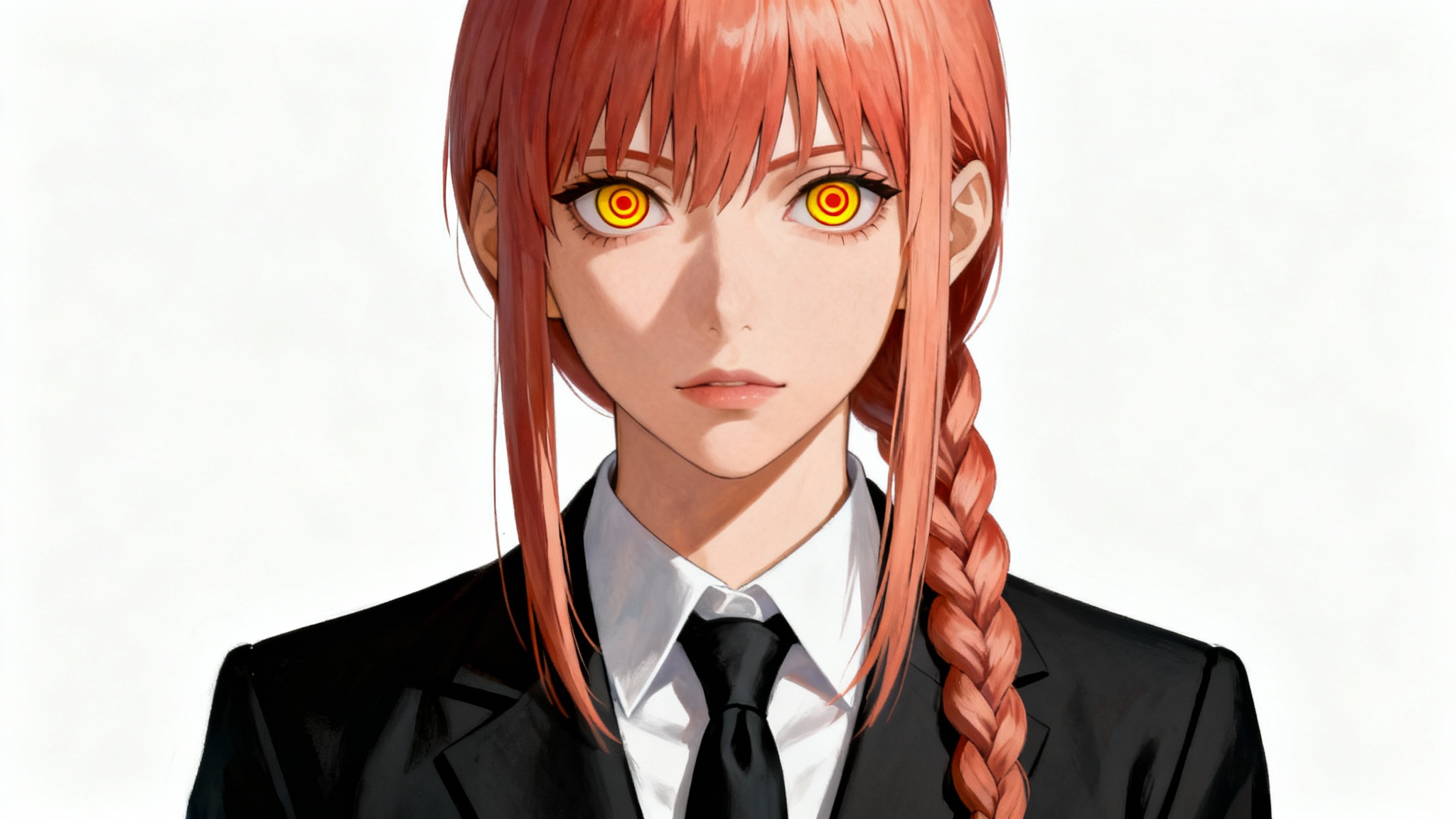 A hyperrealistic AI-generated portrait of Makima from Chainsaw Man, showing her from the chest up against a white background. Her piercing, ringed yellow eyes stare forward, and she wears her signature black suit.