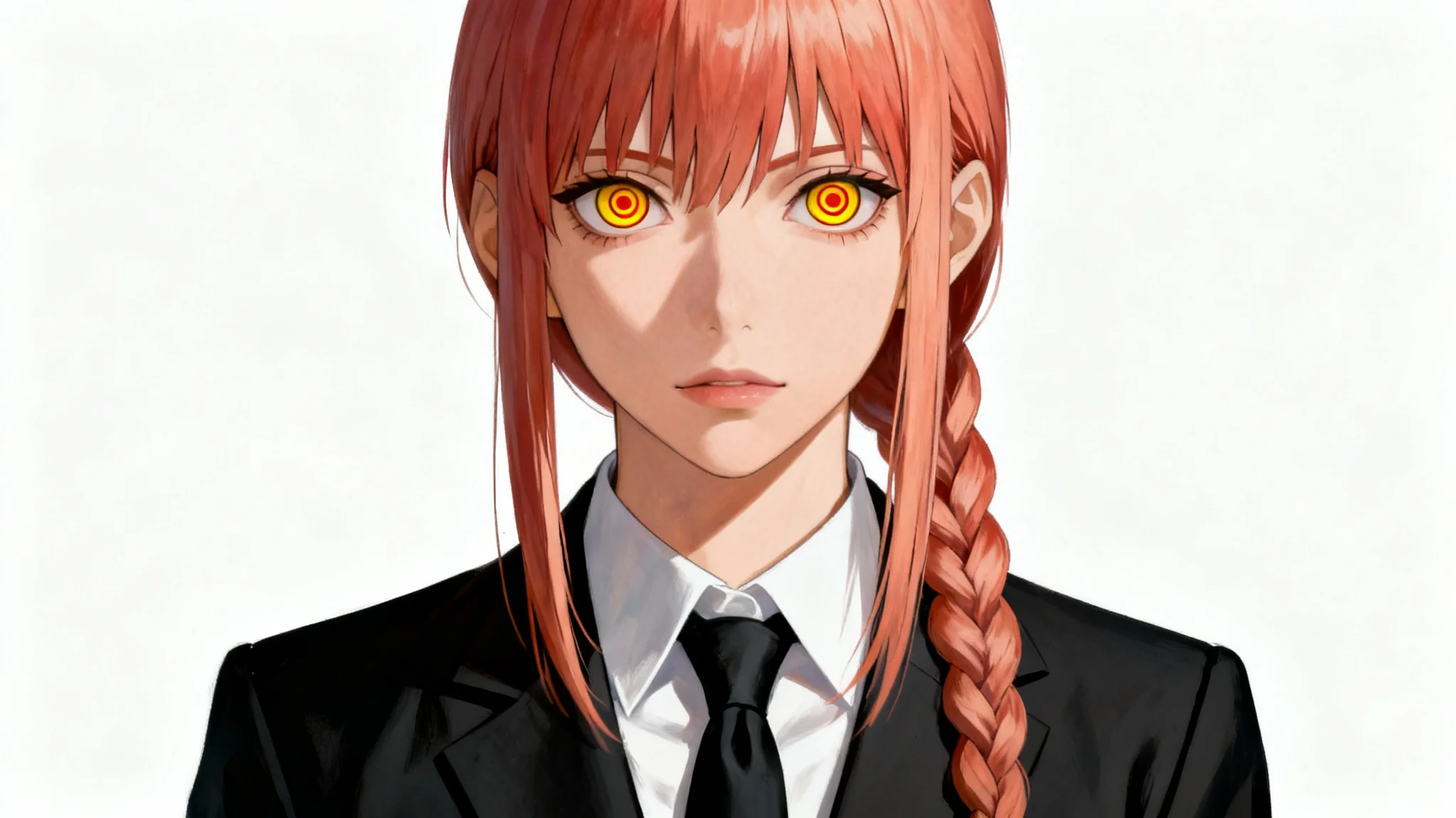A hyperrealistic AI-generated portrait of Makima from Chainsaw Man, showing her from the chest up against a white background. Her piercing, ringed yellow eyes stare forward, and she wears her signature black suit.