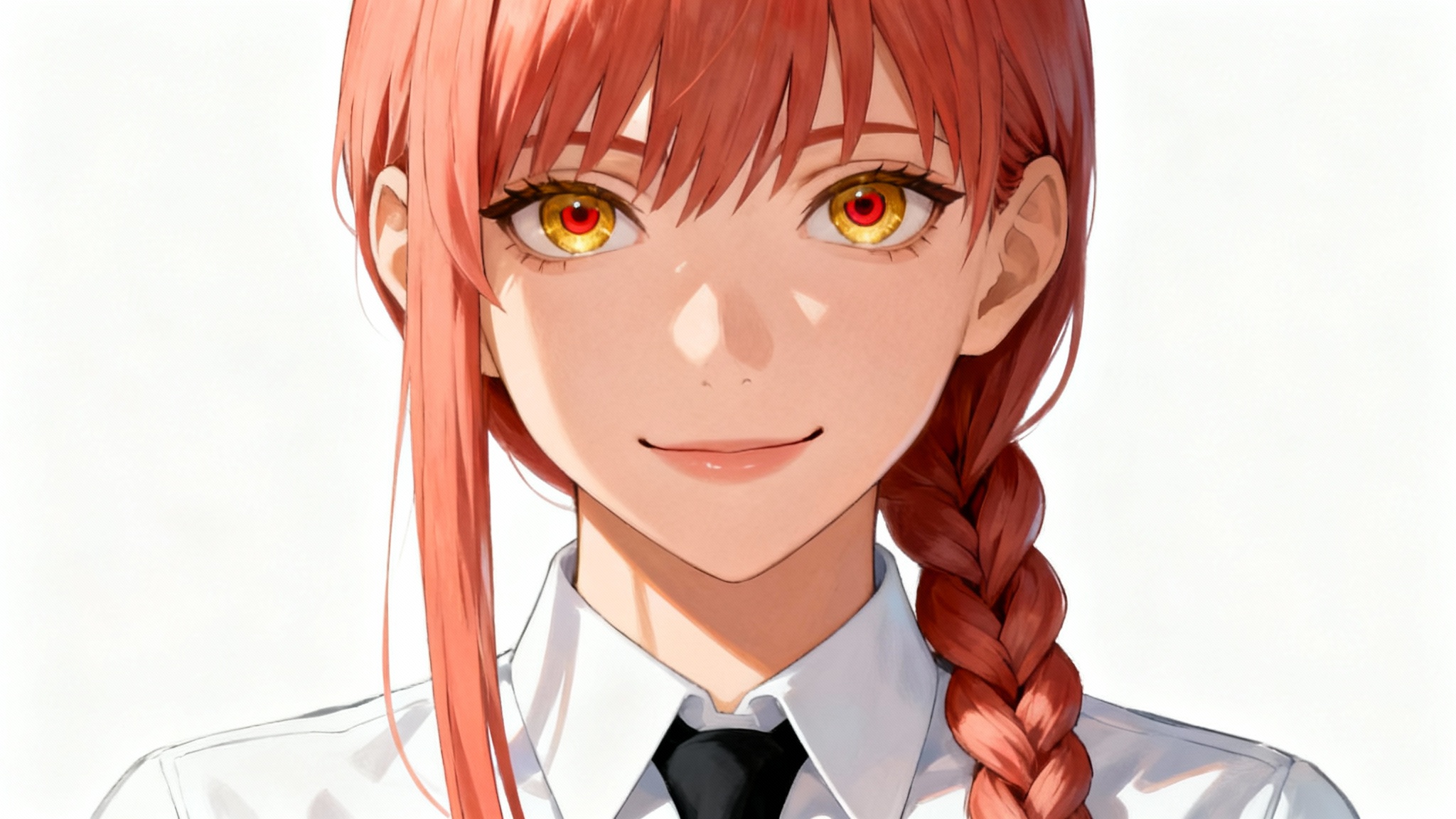 A hyper-detailed AI digital painting of Makima from Chainsaw Man, shown from the chest up. She has hypnotic golden eyes and light-red braided hair, and is wearing a white shirt and black tie against a solid white background.