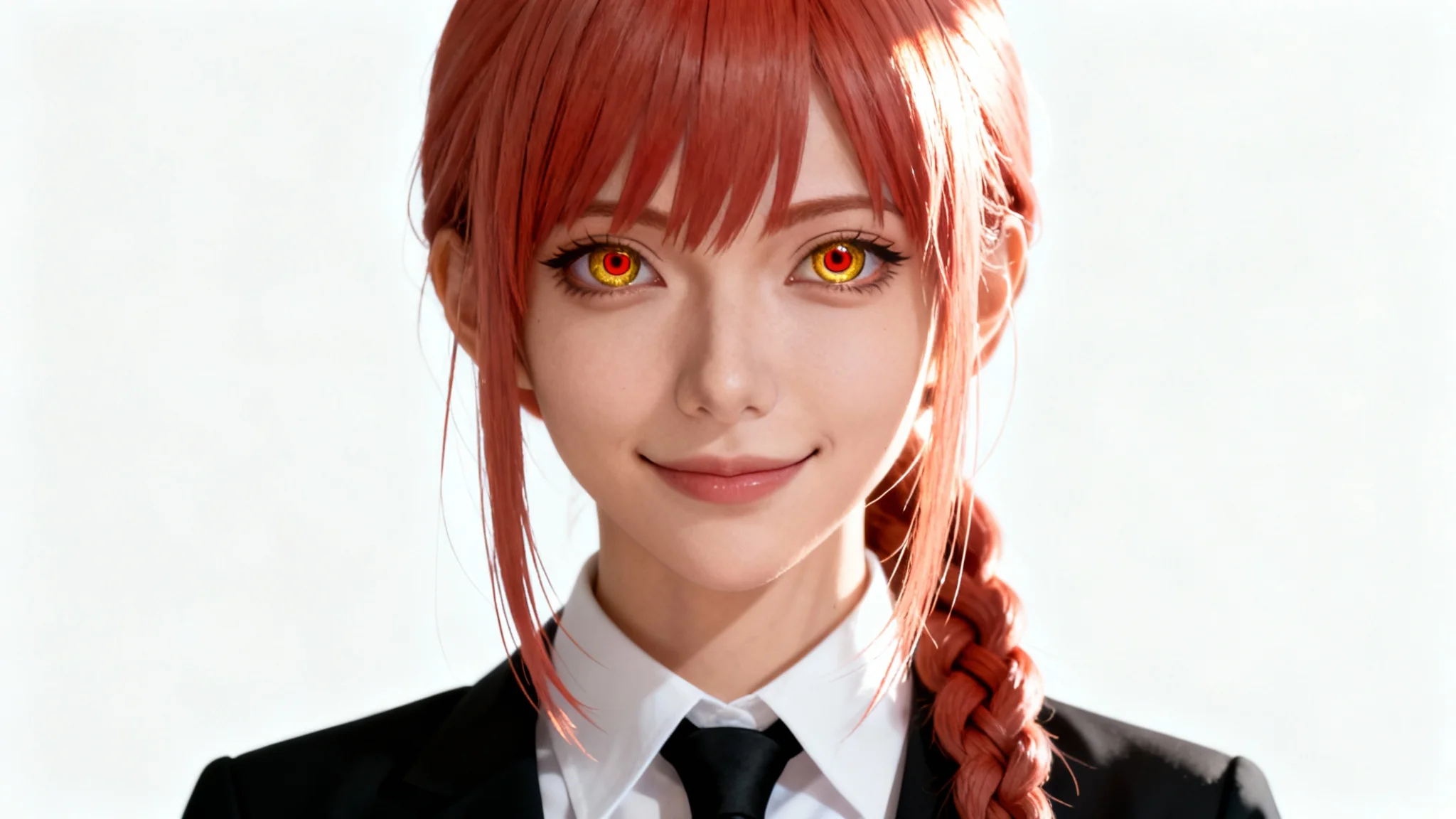 A hyper-realistic AI-generated portrait of Makima from Chainsaw Man against a white background, focusing on her iconic hypnotic golden and red eyes.