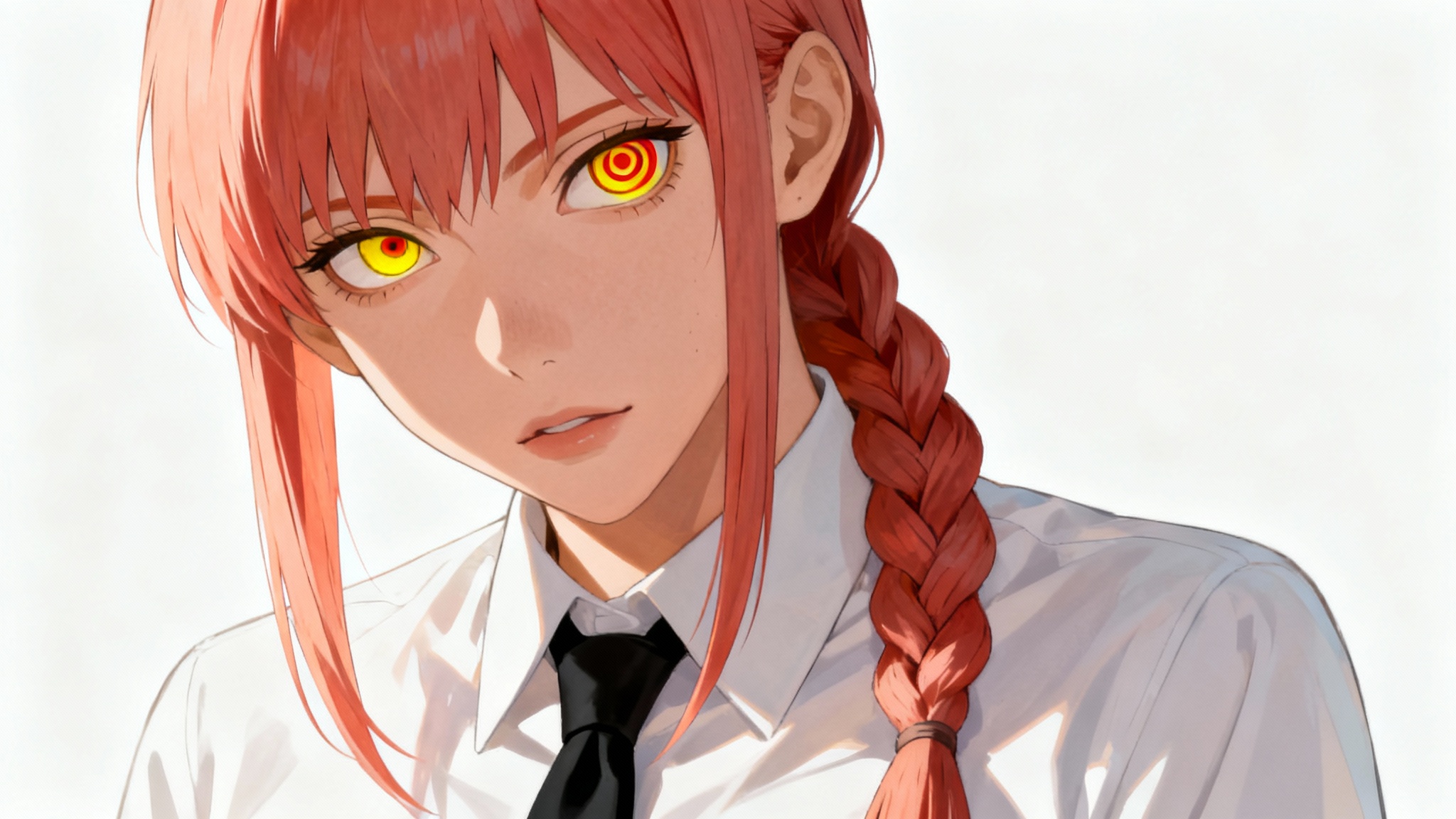 A close-up AI art portrait of Makima from Chainsaw Man, featuring her distinctive ringed yellow eyes and red hair, wearing her white shirt and black tie against a solid white background.