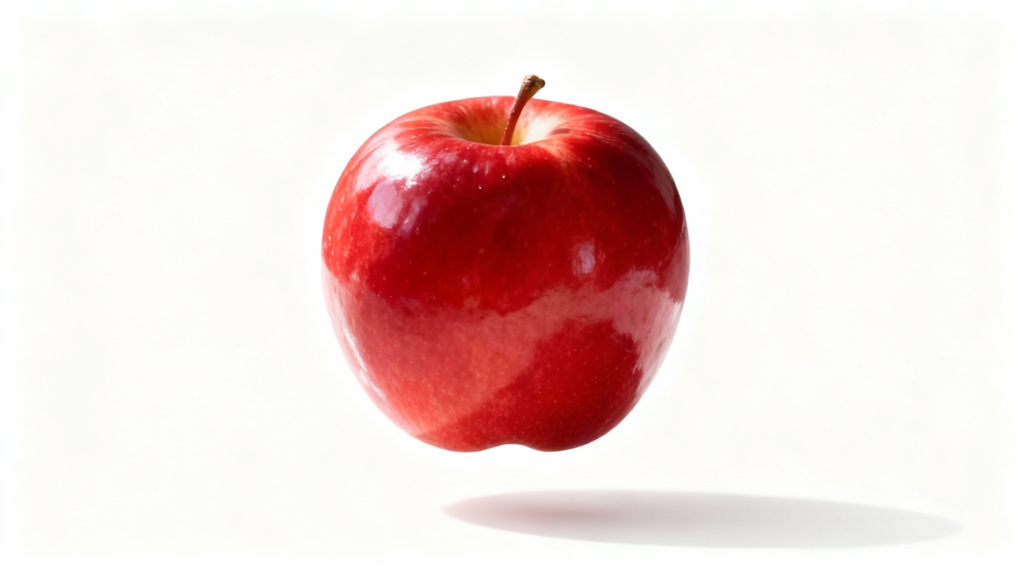 A photorealistic red apple, perfectly cut out from its background, floating against a clean white backdrop with a soft drop shadow.