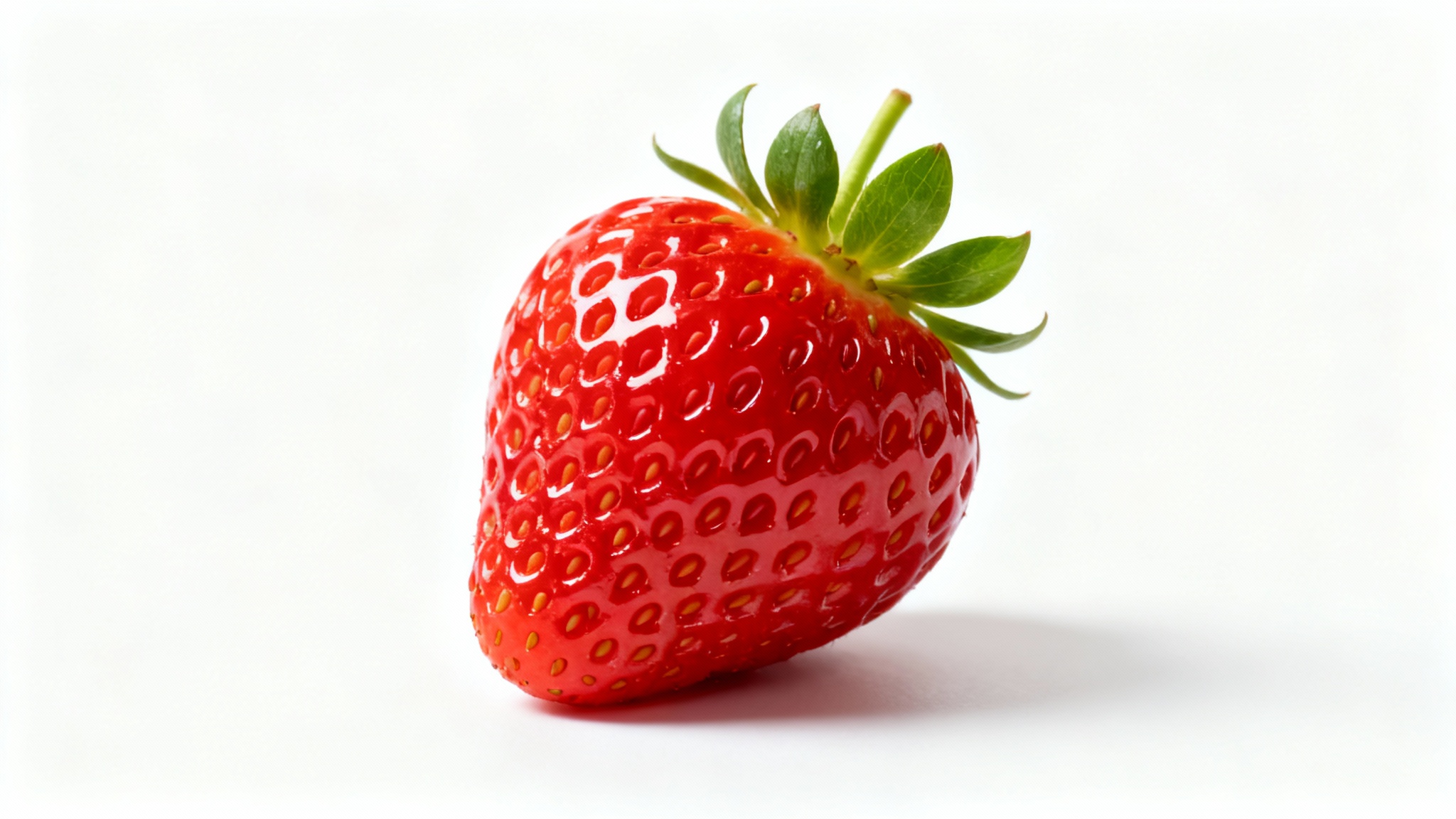 A photorealistic image of a single, glistening red strawberry with a green stem, perfectly isolated on a stark white background to showcase the object isolation feature.