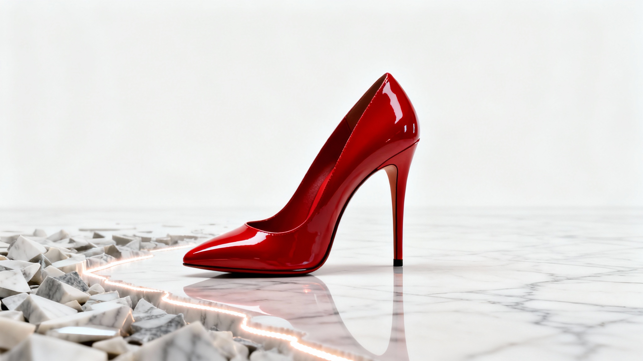 A red high-heeled shoe being isolated from its cluttered background, which is dissolving to reveal a clean white background, demonstrating an object isolation effect.