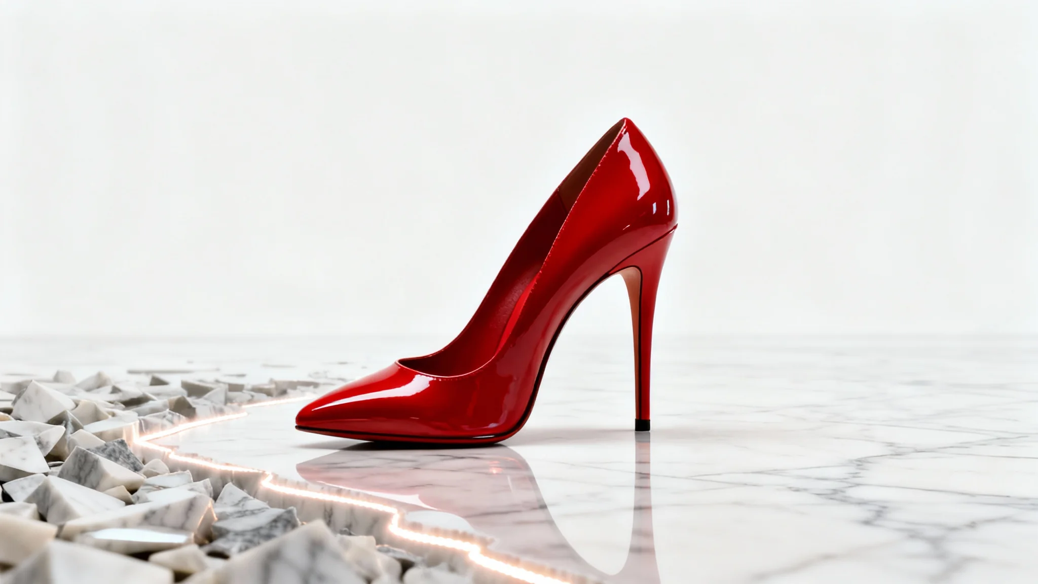 A red high-heeled shoe being isolated from its cluttered background, which is dissolving to reveal a clean white background, demonstrating an object isolation effect.