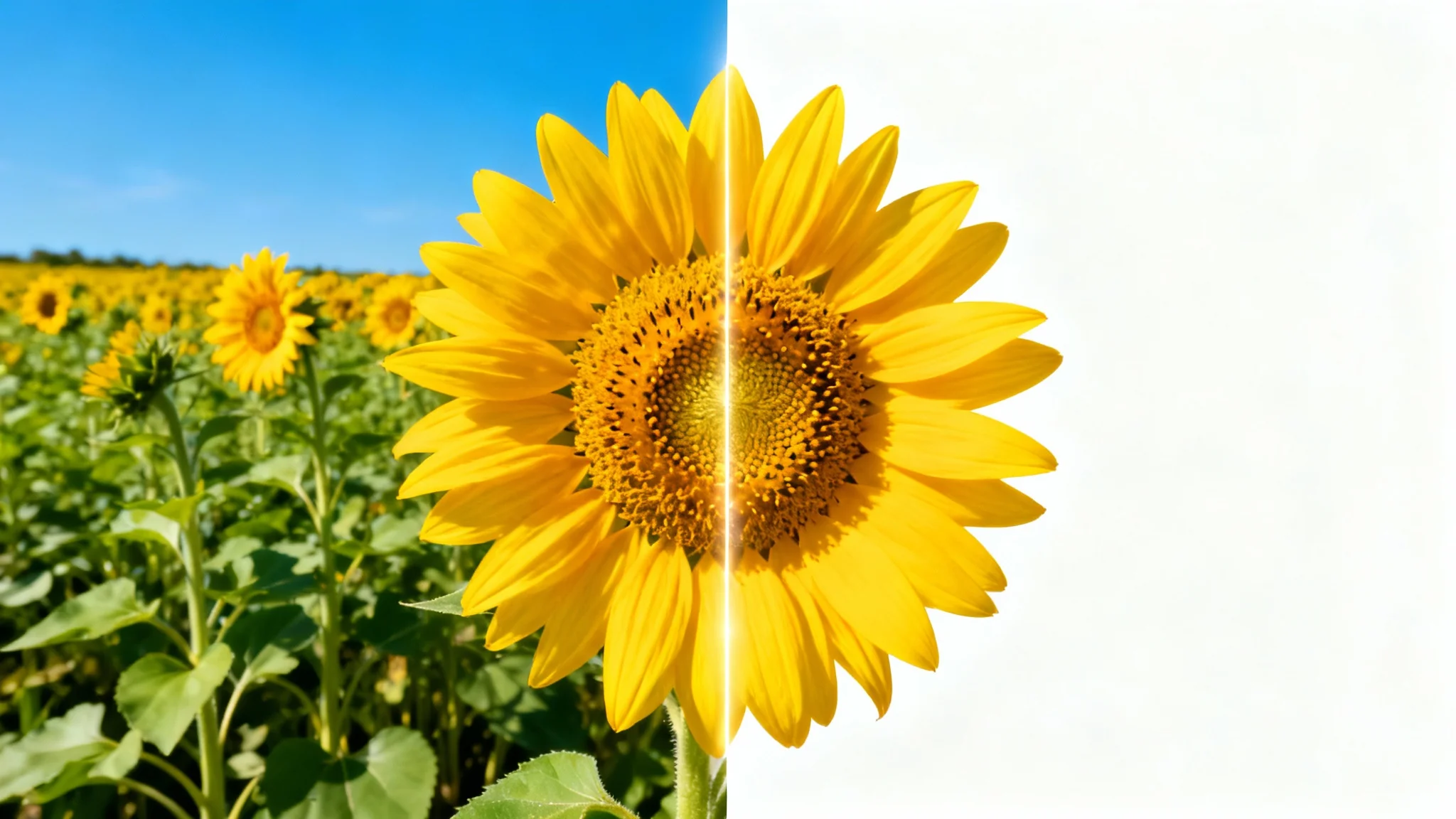 A single yellow sunflower, with the left half of the image showing it in a green field and the right half showing it isolated on a pure white background, demonstrating an object isolation effect.
