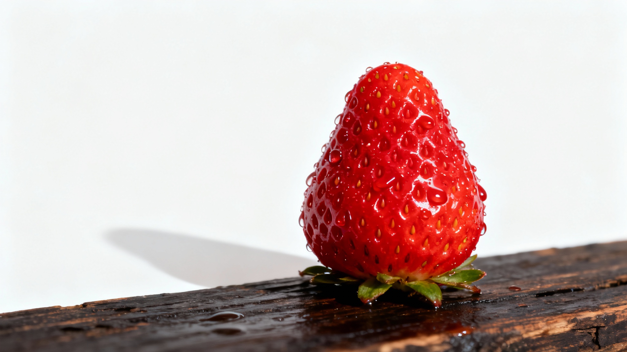 A photorealistic image showing a single red strawberry being digitally isolated. The bottom half of the strawberry is on a dark wood background, while the top half is perfectly cut out against a clean white background.