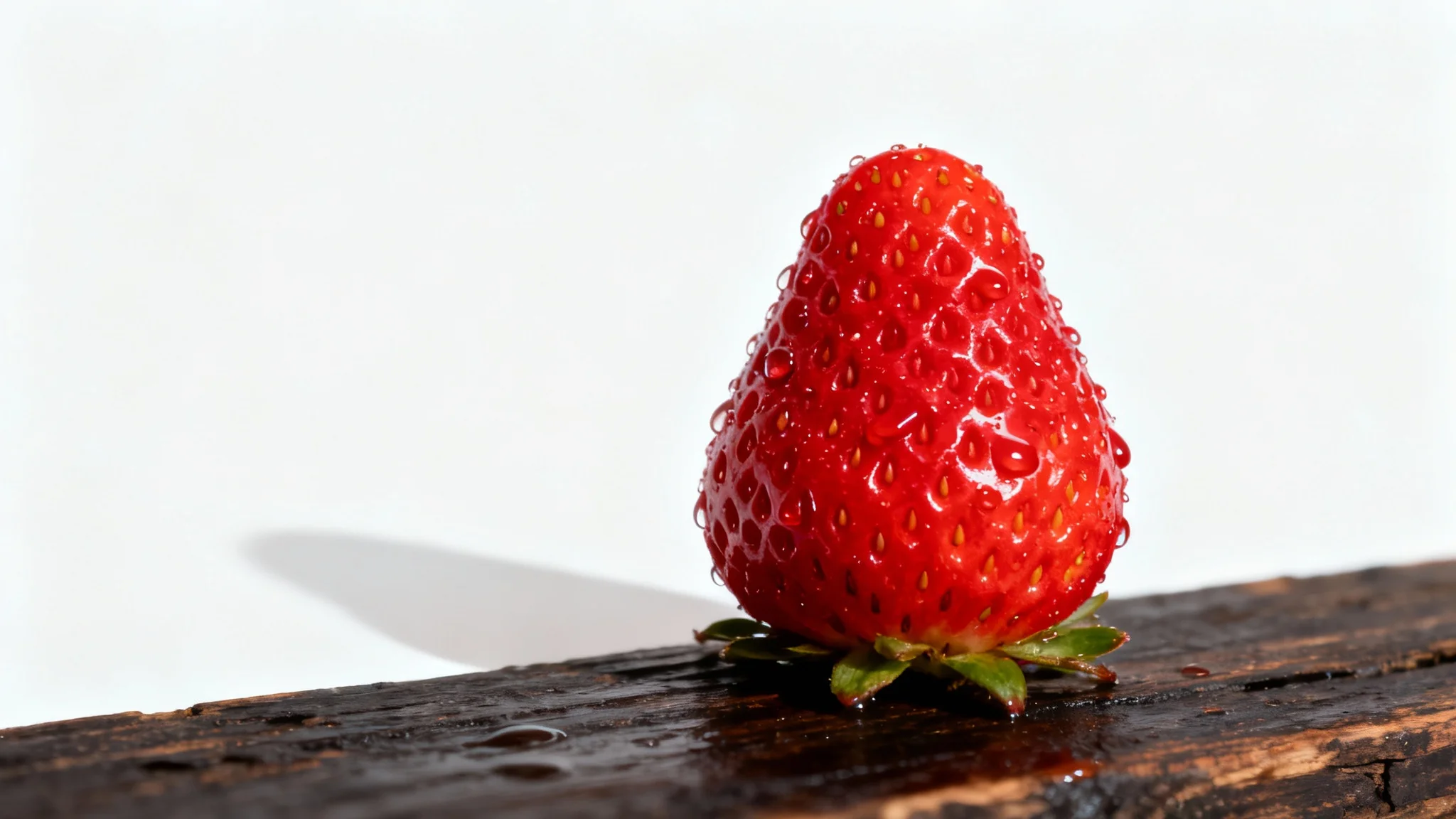 A photorealistic image showing a single red strawberry being digitally isolated. The bottom half of the strawberry is on a dark wood background, while the top half is perfectly cut out against a clean white background.