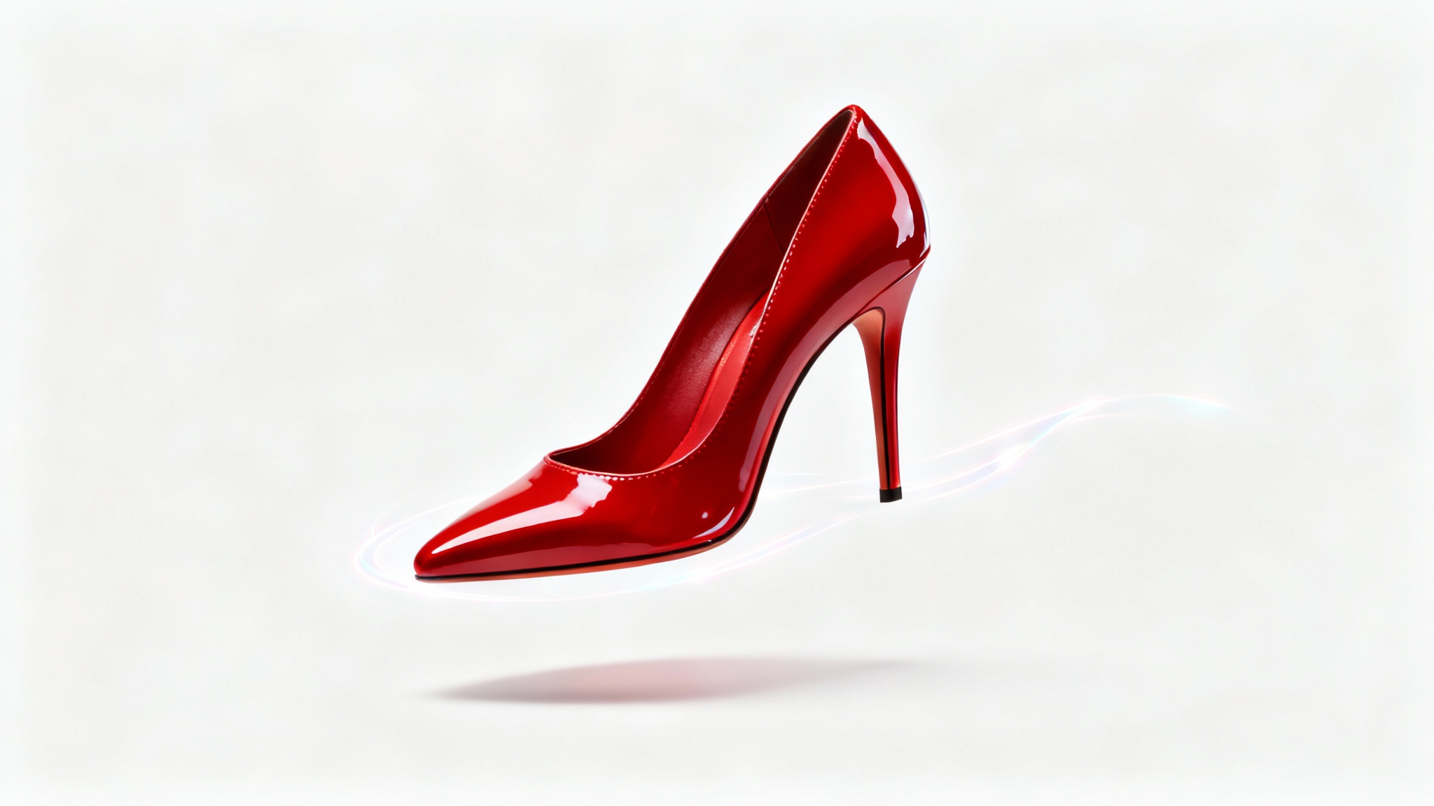 A photorealistic image of a glossy red high-heel shoe floating against a pure white background, representing an object being isolated from its surroundings.