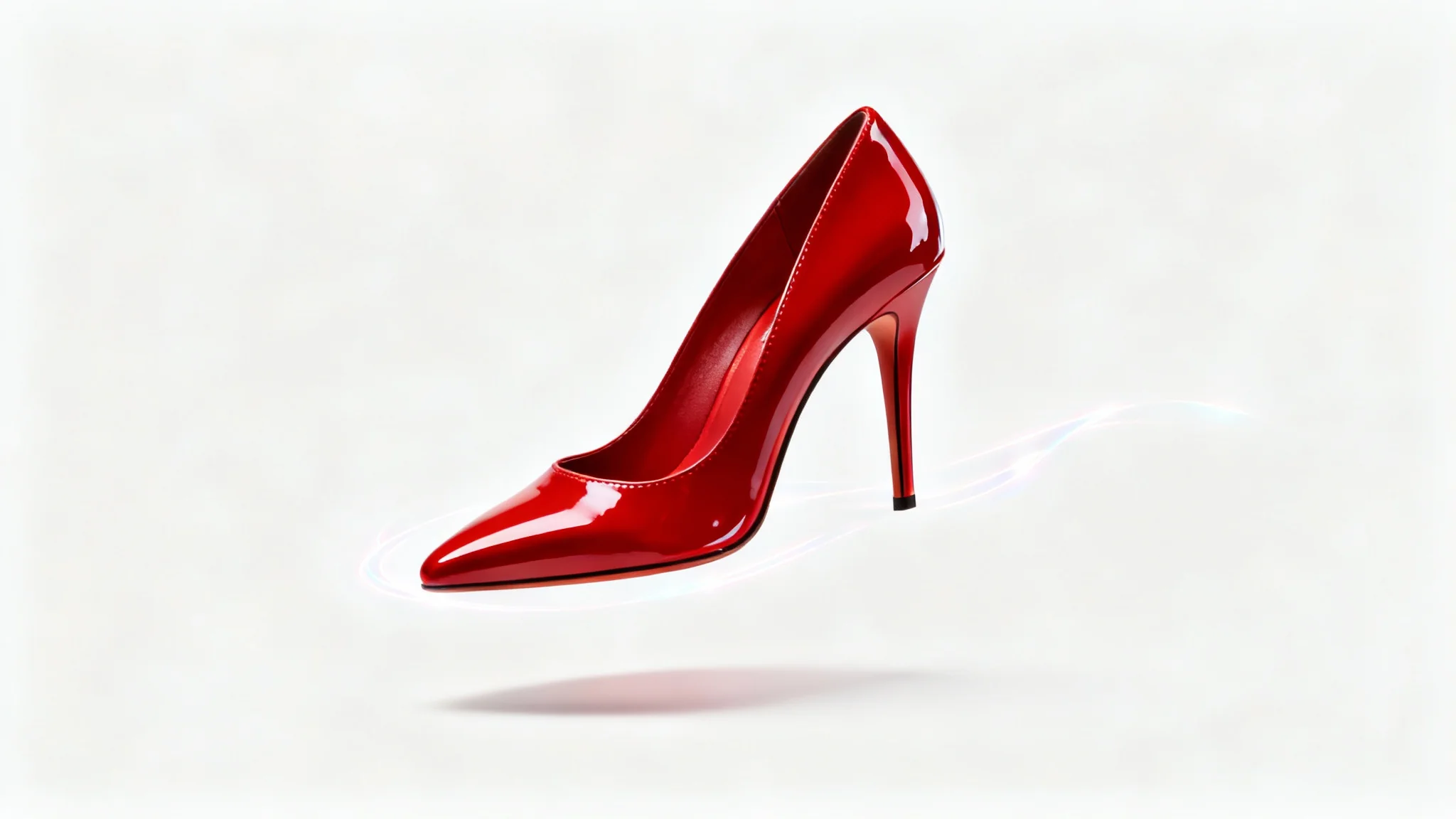 A photorealistic image of a glossy red high-heel shoe floating against a pure white background, representing an object being isolated from its surroundings.