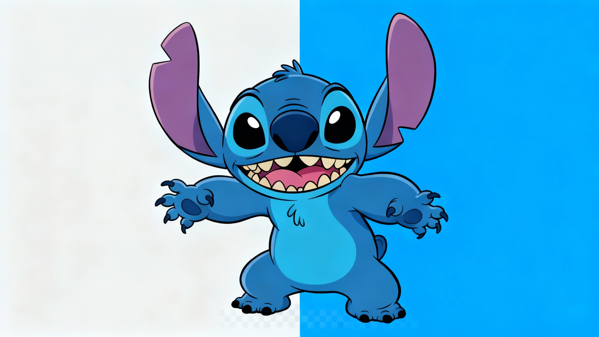 A digital illustration of Stitch from Lilo & Stitch after having his background removed. He is placed on a modern background that is split between light gray and bright blue, demonstrating the transparent background effect.