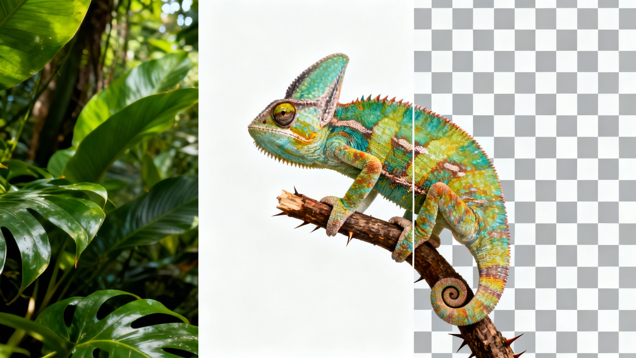 A photorealistic image of a colorful chameleon, visually split to show the effect of removing the background. The left half has a lush jungle background, and the right half has a transparent checkerboard background.