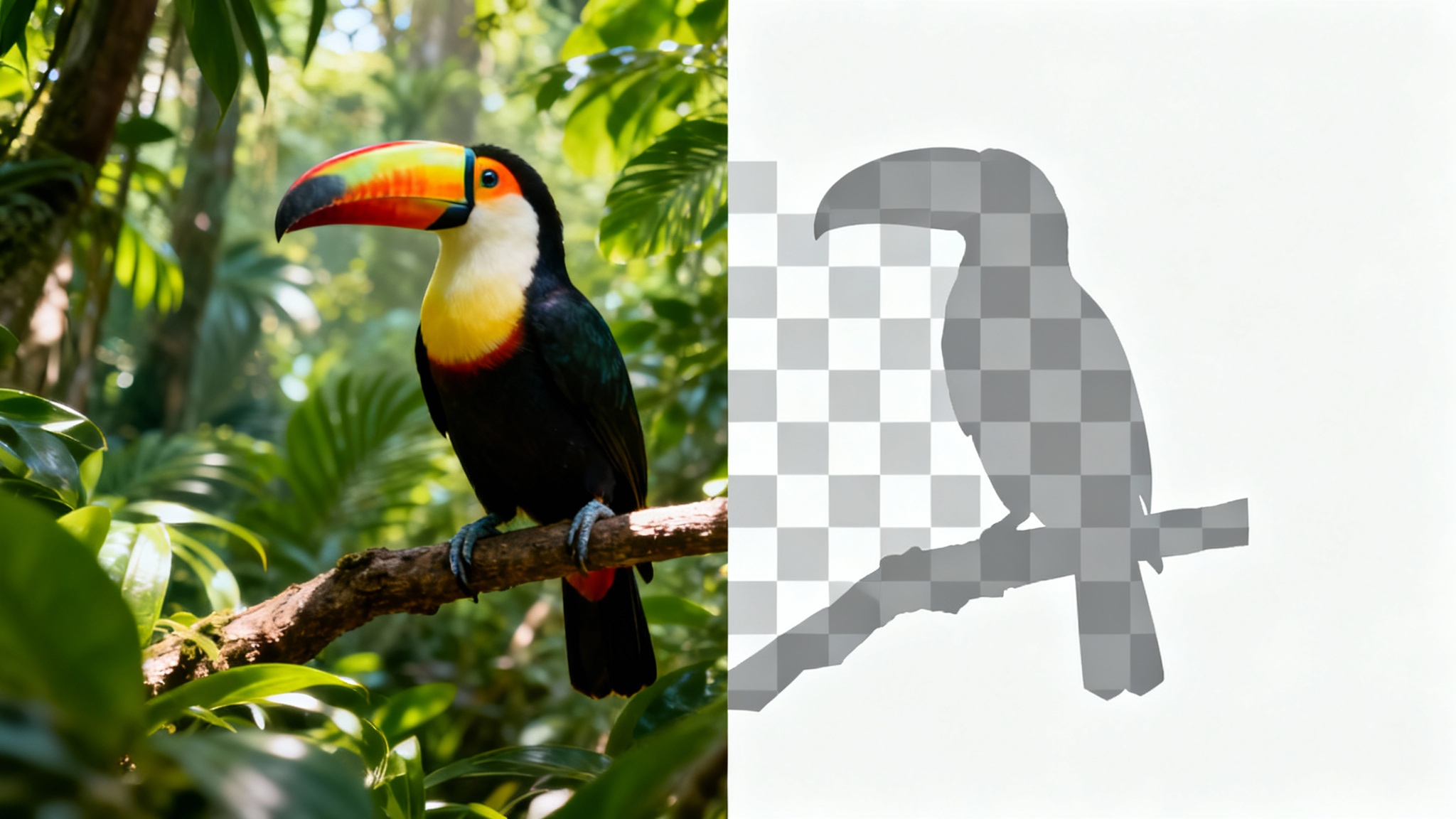 A colorful toucan shown with its background partially removed. One side shows a jungle, and the other shows a transparent checkerboard pattern, illustrating the background removal feature.