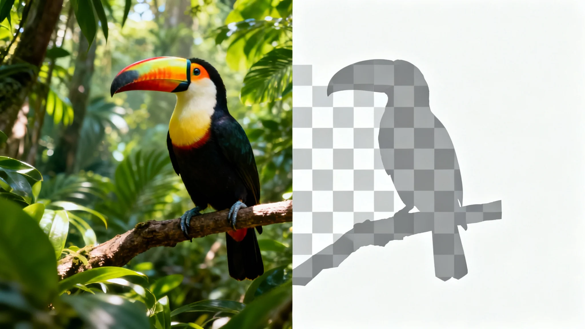 A colorful toucan shown with its background partially removed. One side shows a jungle, and the other shows a transparent checkerboard pattern, illustrating the background removal feature.