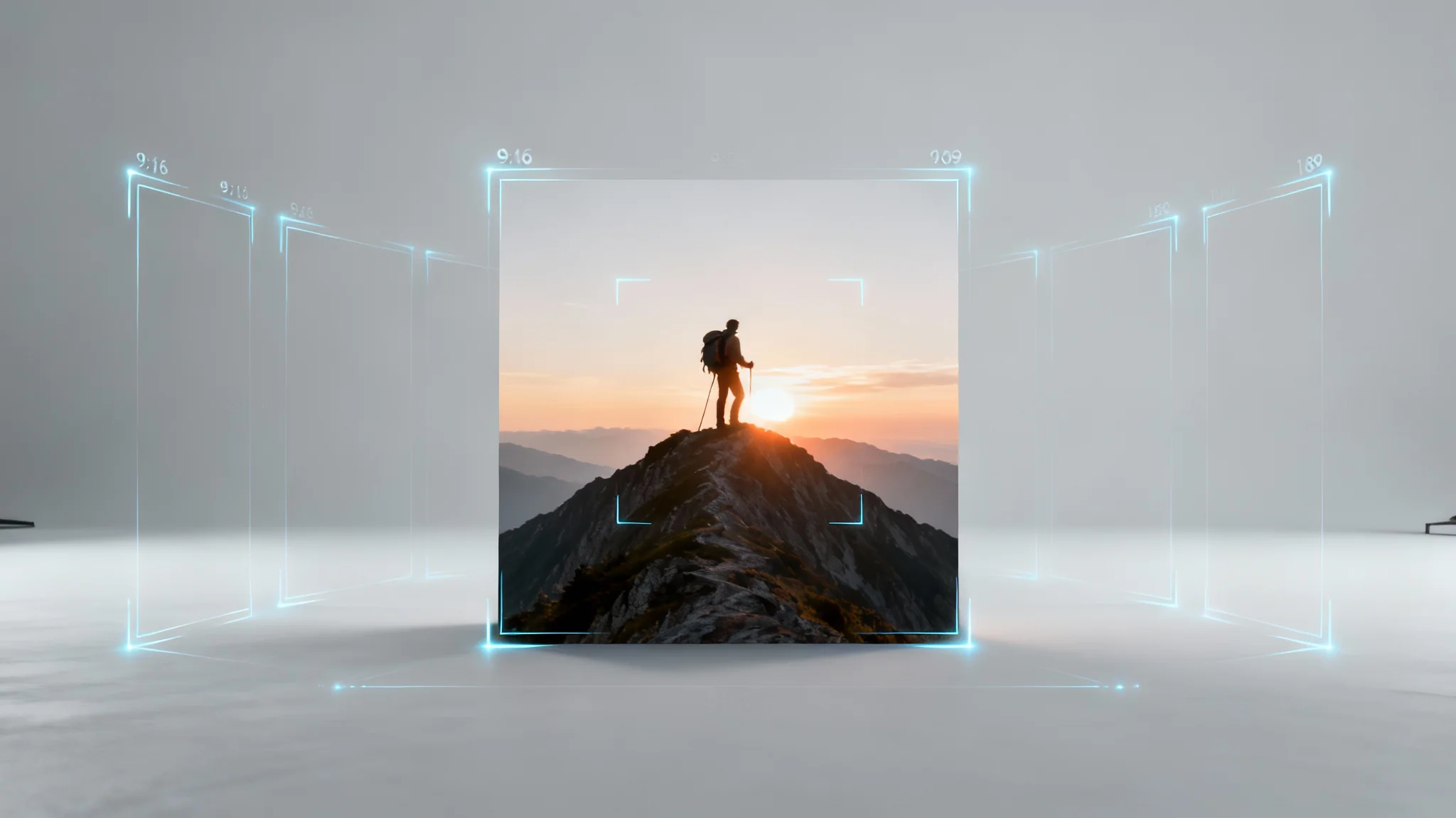 A hero image illustrating an aspect ratio tool, showing a central photo of a hiker on a mountain that has been artificially extended to fit both vertical and horizontal formats.