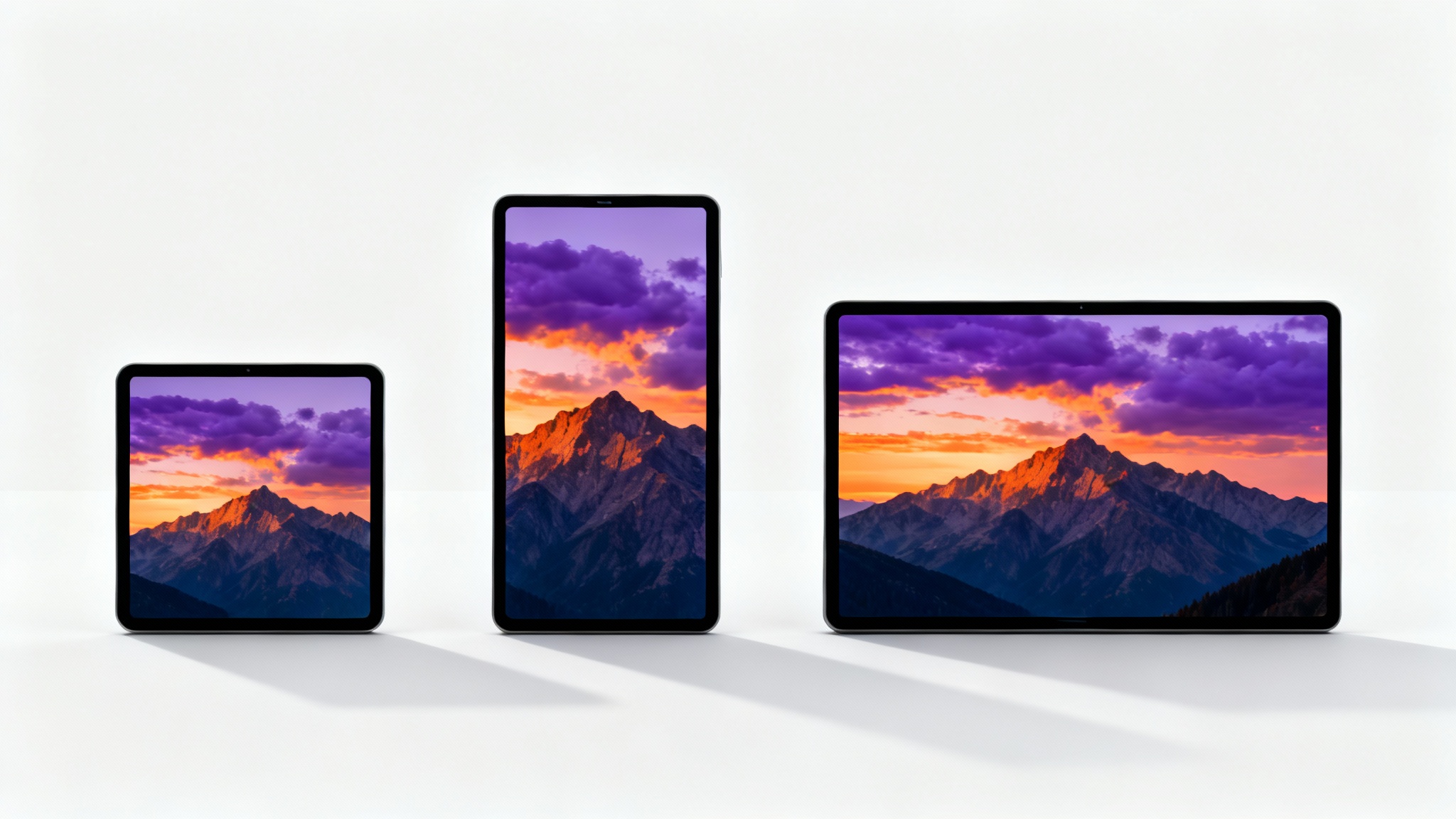 A visual representation of changing aspect ratios, showing the same stunning mountain sunset photo cropped into three different formats: a square, a vertical rectangle, and a wide horizontal rectangle, all on a white background.