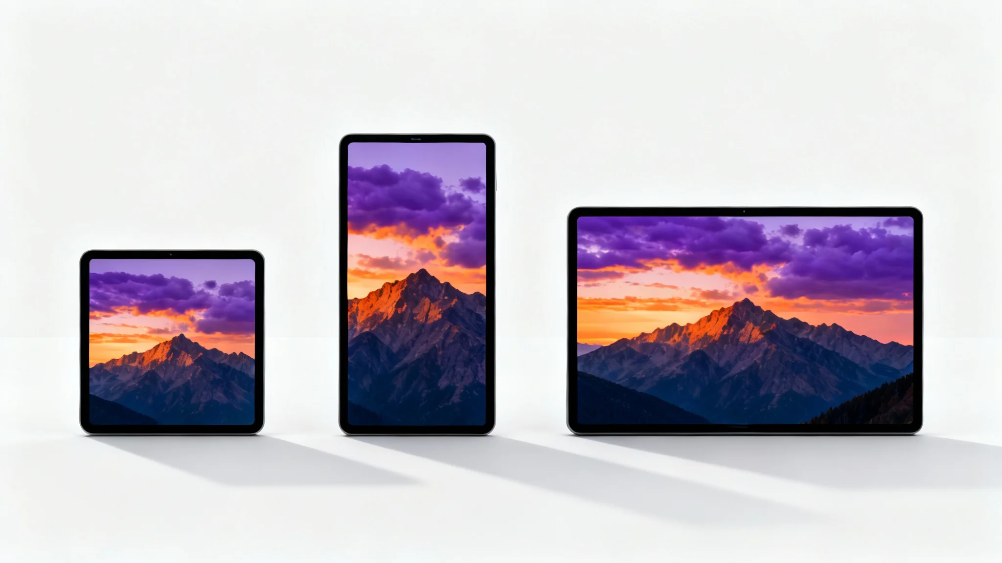 A visual representation of changing aspect ratios, showing the same stunning mountain sunset photo cropped into three different formats: a square, a vertical rectangle, and a wide horizontal rectangle, all on a white background.