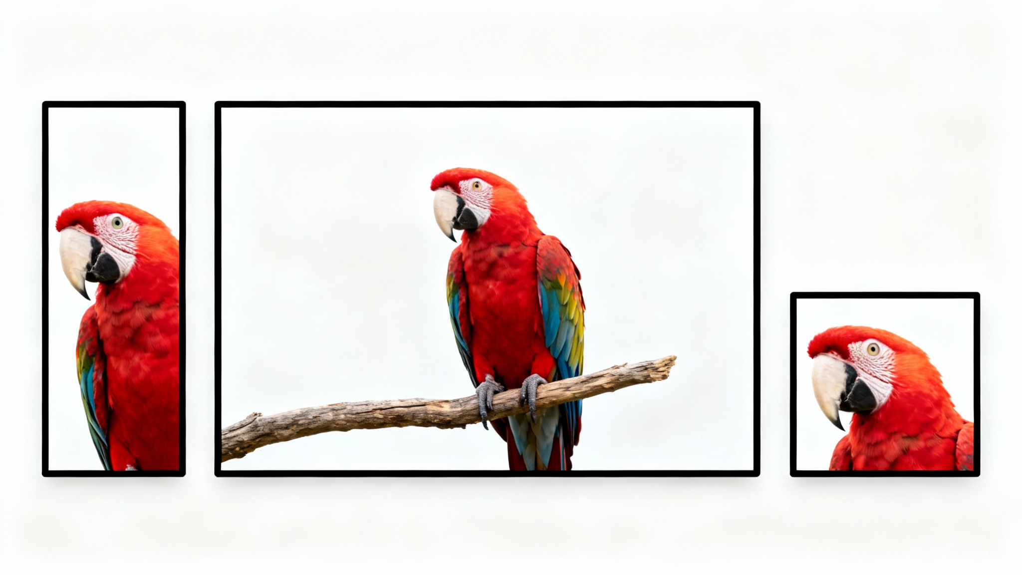 A conceptual image demonstrating aspect ratios. A central photo of a colorful macaw parrot is surrounded by three cropped versions of the same photo: one tall and vertical, one wide and horizontal, and one square.