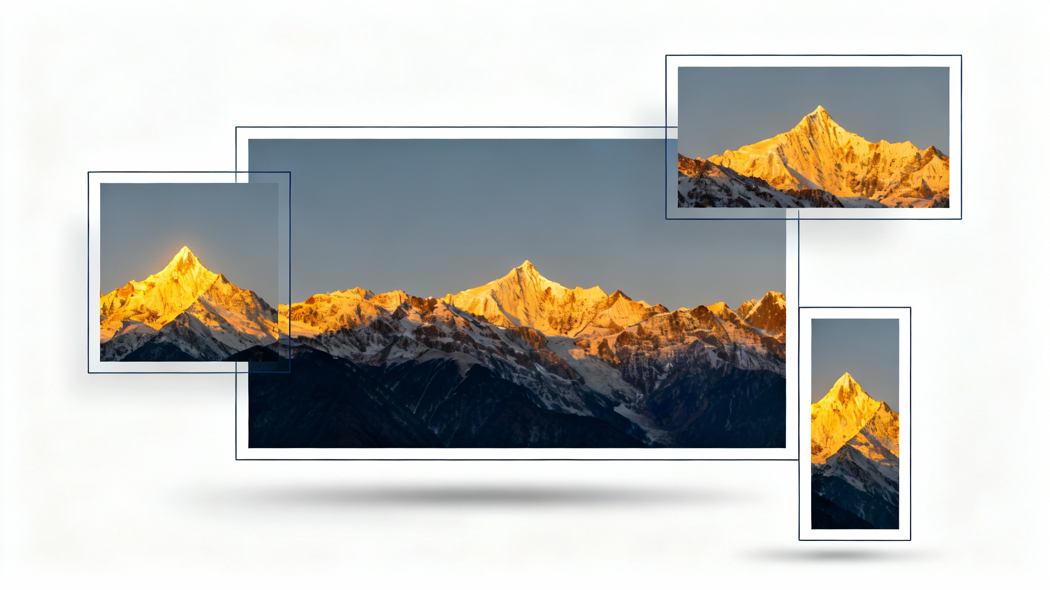 A visual representation of changing image aspect ratios, featuring a central mountain landscape photo surrounded by the same image cropped into square, wide, and tall formats.