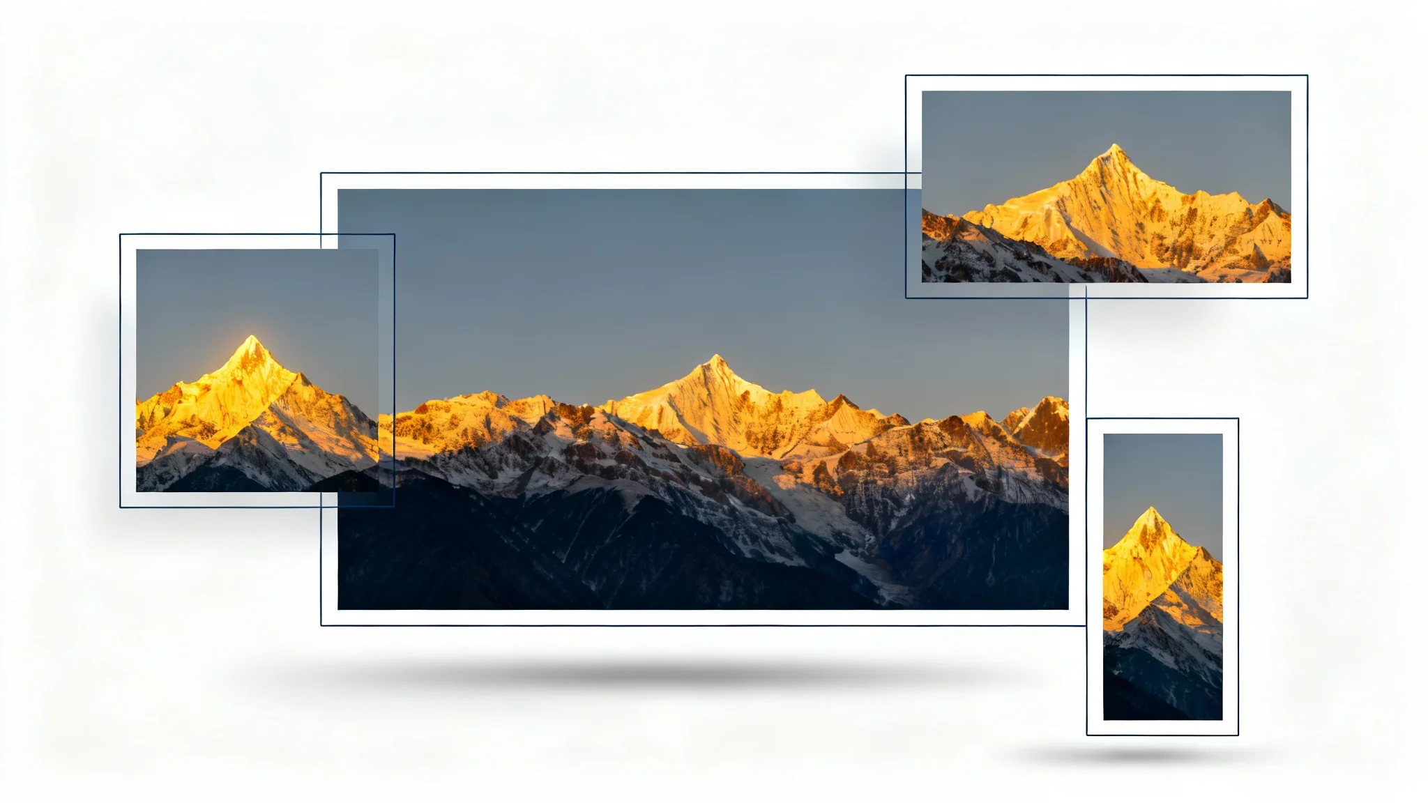 A visual representation of changing image aspect ratios, featuring a central mountain landscape photo surrounded by the same image cropped into square, wide, and tall formats.