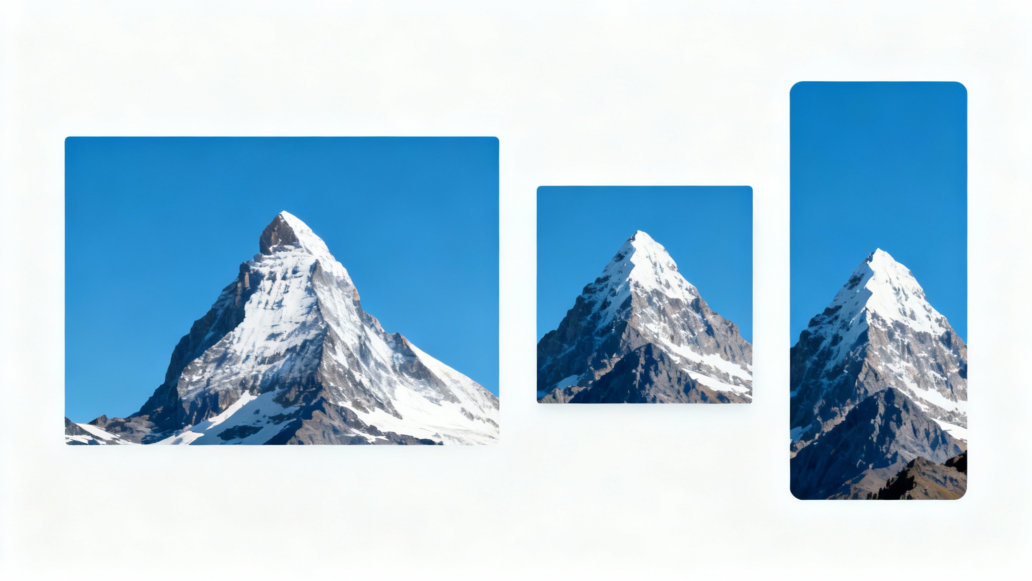 A visual demonstration of changing aspect ratios, showing the same image of a snowy mountain peak in three different formats: a wide landscape, a square crop, and a tall portrait, all aligned on a white background.