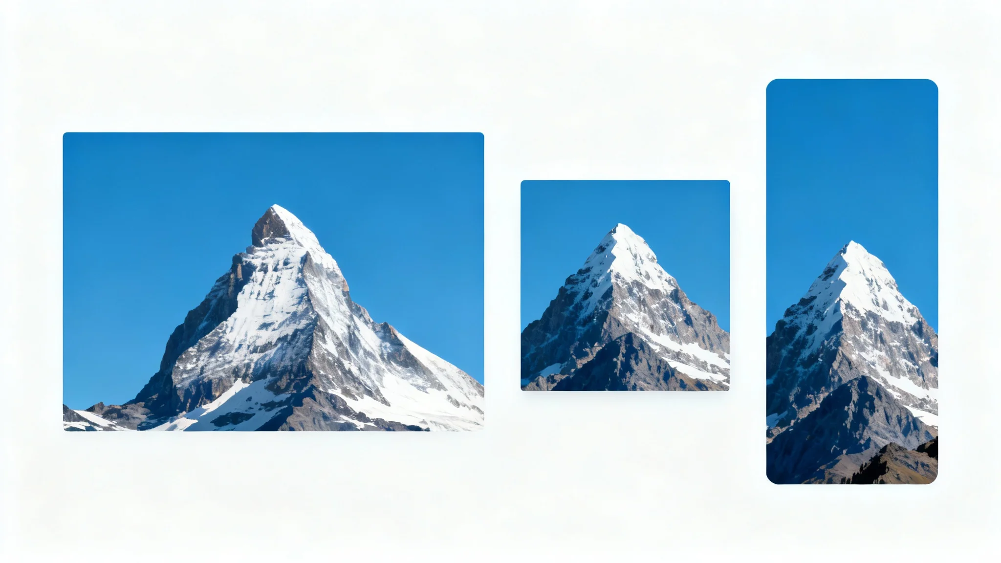 A visual demonstration of changing aspect ratios, showing the same image of a snowy mountain peak in three different formats: a wide landscape, a square crop, and a tall portrait, all aligned on a white background.