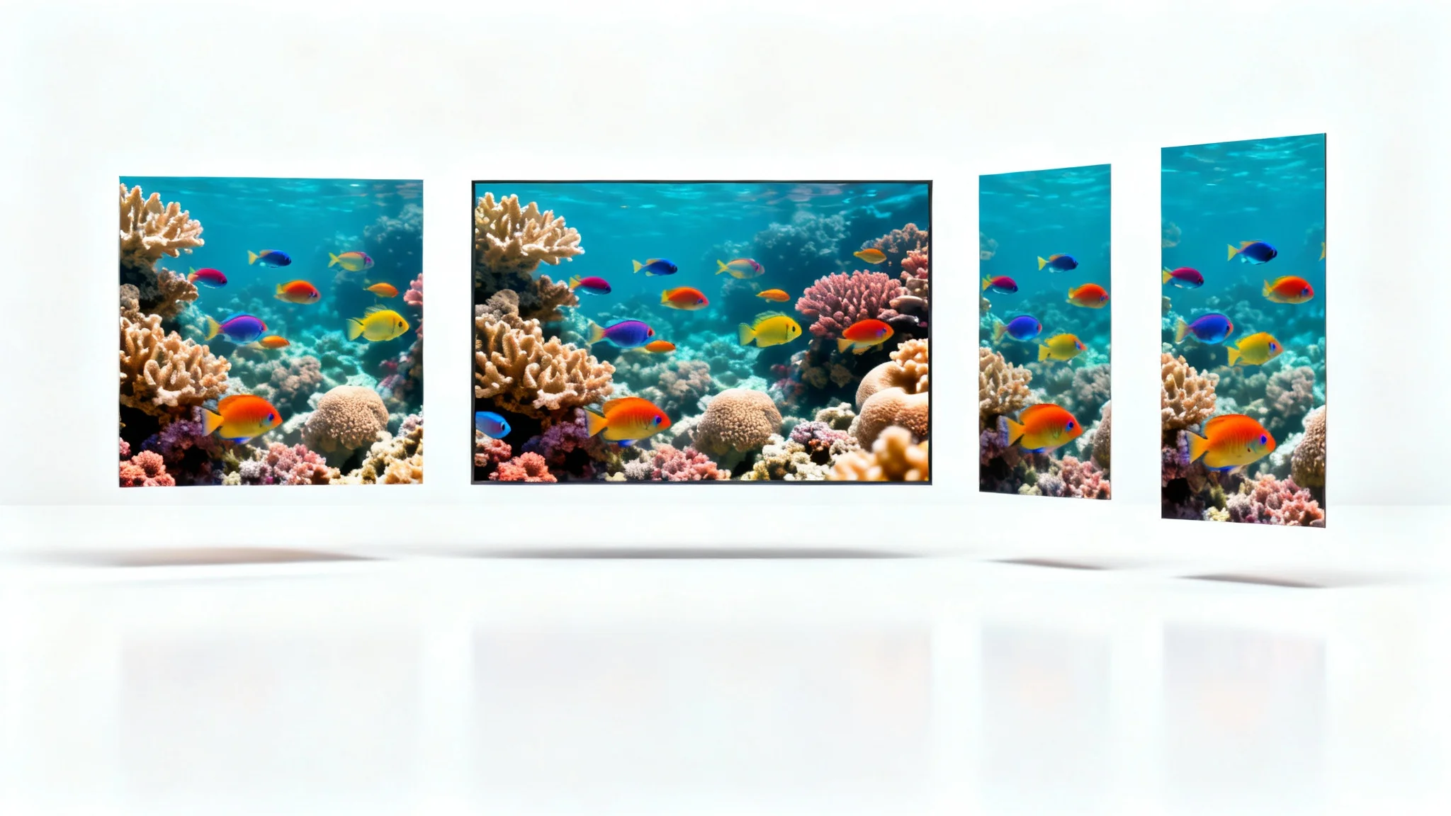 A conceptual image demonstrating aspect ratio changes, showing a single photo of a coral reef presented in four different formats: square, wide, standard, and tall, all on a clean white background.