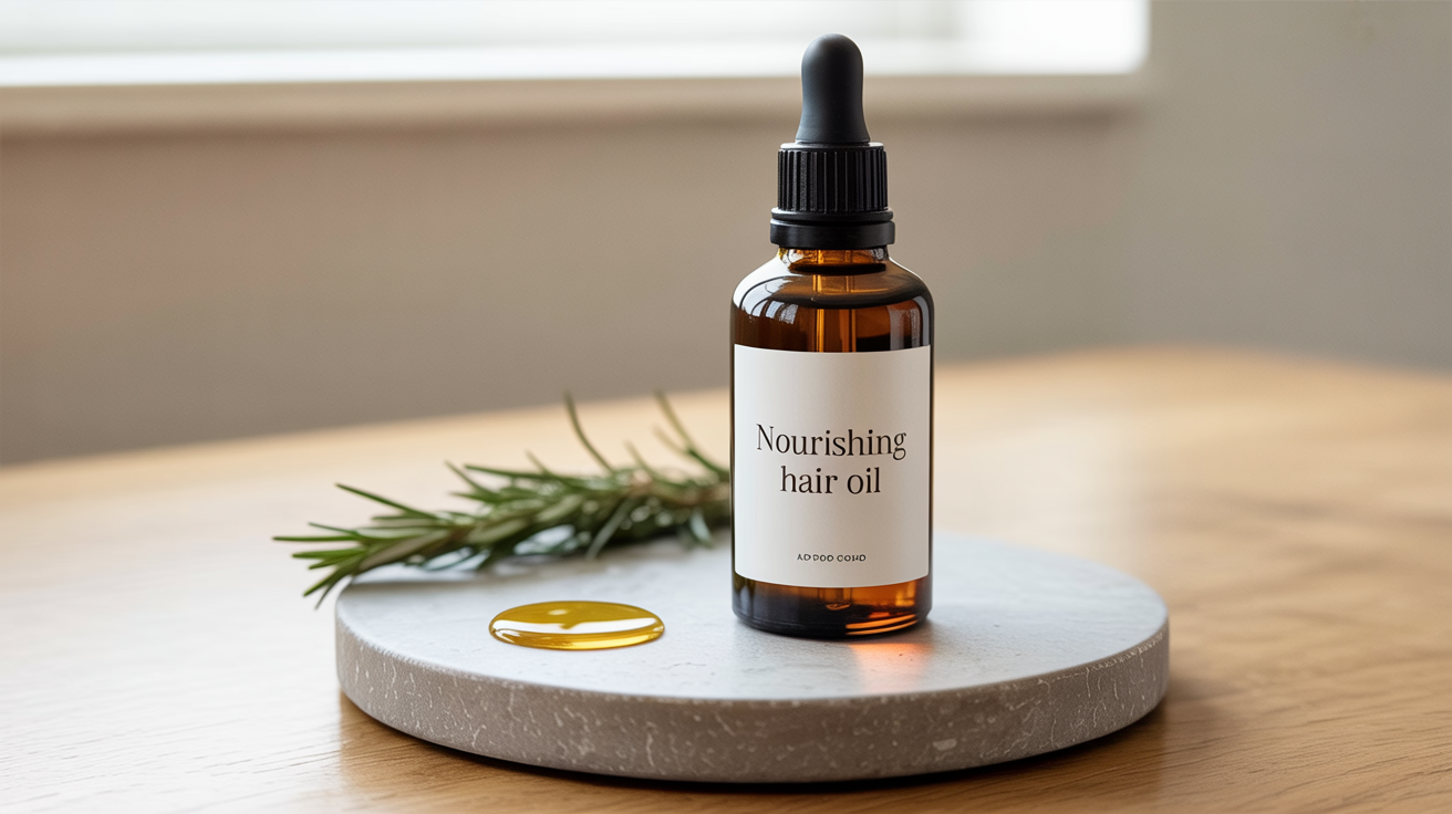 A luxurious product mockup of a hair oil bottle. The amber glass bottle has a black dropper and a label with gold text reading 'Nourishing Hair Oil', set against a soft, warm, minimalist background.