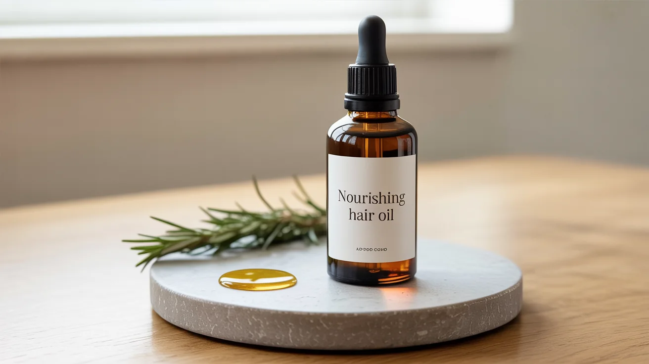 A luxurious product mockup of a hair oil bottle. The amber glass bottle has a black dropper and a label with gold text reading 'Nourishing Hair Oil', set against a soft, warm, minimalist background.