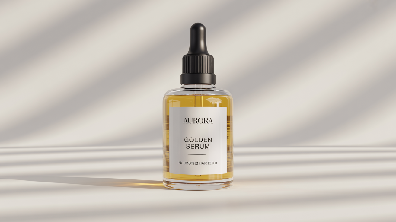 A photorealistic mockup of a sleek glass bottle of 'AURORA Golden Serum' hair oil with a black dropper cap, presented against a pure white background in a professional product shot.
