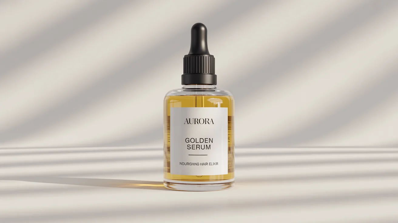 A photorealistic mockup of a sleek glass bottle of 'AURORA Golden Serum' hair oil with a black dropper cap, presented against a pure white background in a professional product shot.