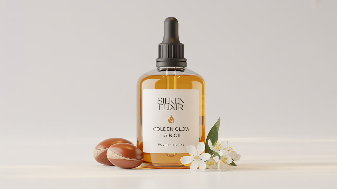 A luxurious glass bottle of 'SILKEN ELIXIR' Golden Glow Hair Oil with a black dropper, displayed on a clean white background with argan nuts and a flower sprig.