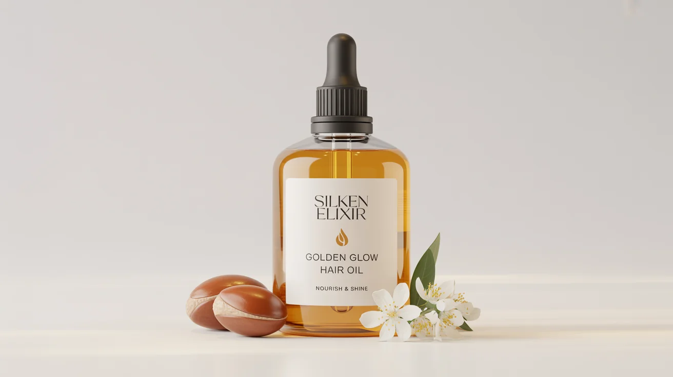 A luxurious glass bottle of 'SILKEN ELIXIR' Golden Glow Hair Oil with a black dropper, displayed on a clean white background with argan nuts and a flower sprig.