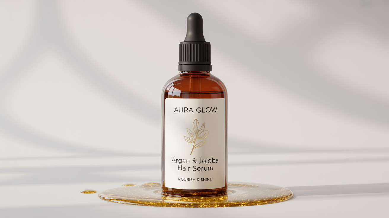 A professional mockup of a luxurious amber glass bottle of 'AURA GLOW' hair oil, set against a pristine white background with a few drops of golden oil beside it.