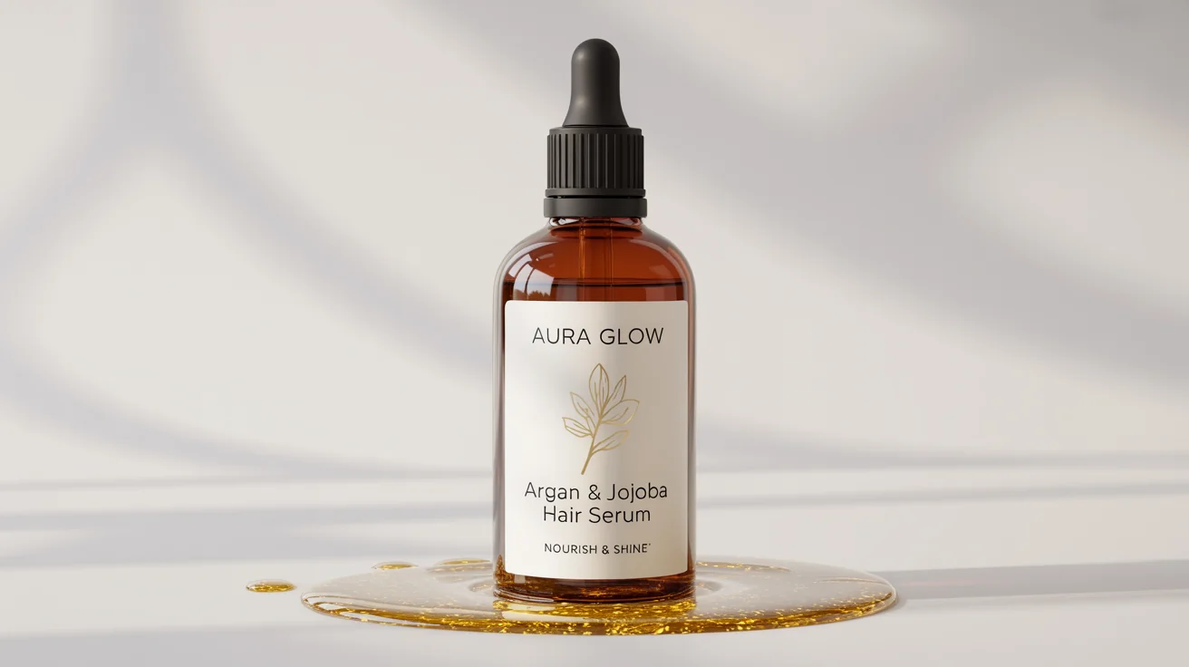 A professional mockup of a luxurious amber glass bottle of 'AURA GLOW' hair oil, set against a pristine white background with a few drops of golden oil beside it.