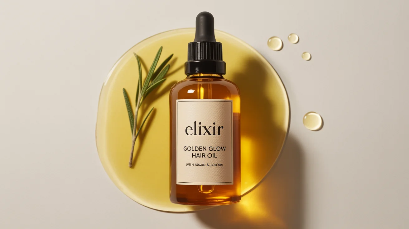 A premium hair oil bottle mockup with a clear glass bottle, black dropper, and a minimalist label reading 'ELIXIR Golden Glow Hair Oil', set against a white background with a sprig of rosemary.