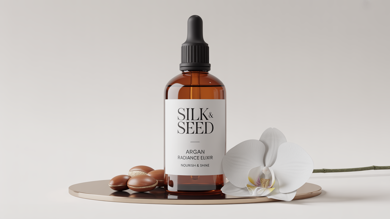 A professional mockup of a luxurious amber glass hair oil bottle with a black dropper cap. The label reads 'SILK & SEED Argan Radiance Elixir'. It is set against a plain white background with an orchid and argan nuts nearby.